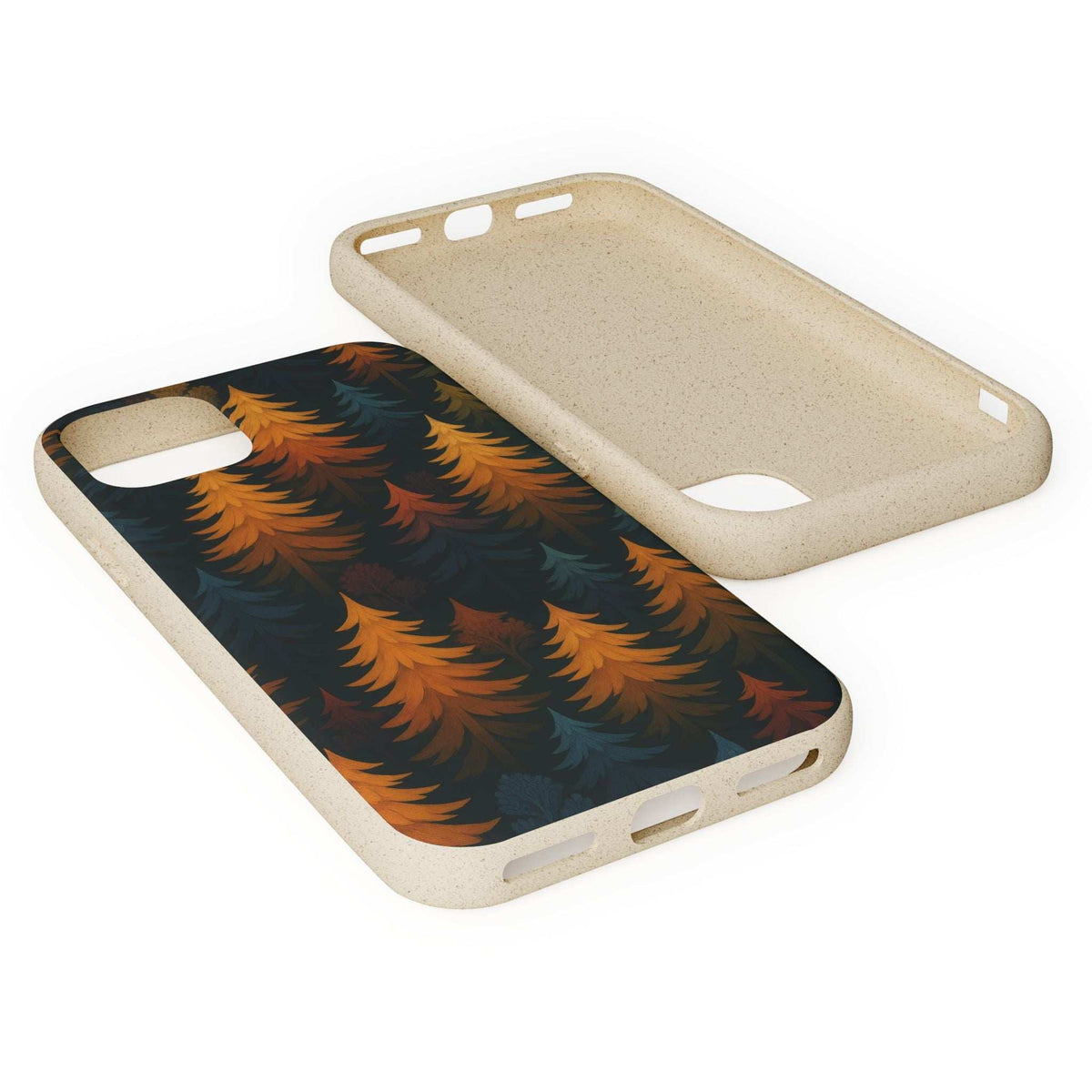 Biodegradable phone case set, tan back and dark cover with orange tree silhouettes
