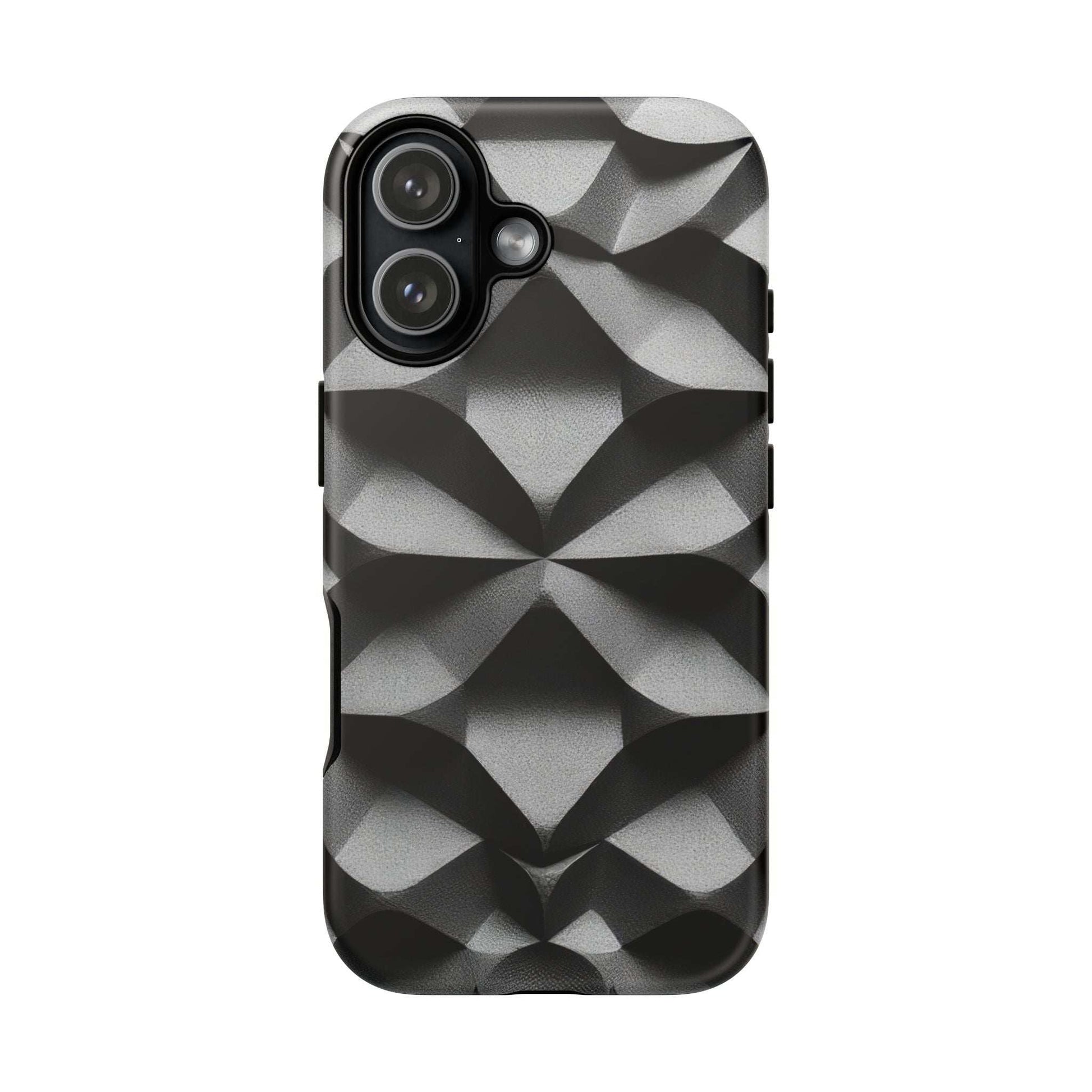 Tough phone case with black and gray geometric pattern, raised camera cutouts