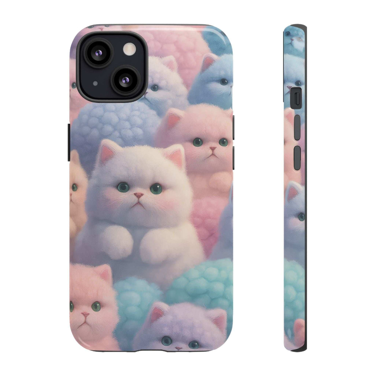 Glossy phone case with pastel kitten pattern, black camera cutouts and side buttons