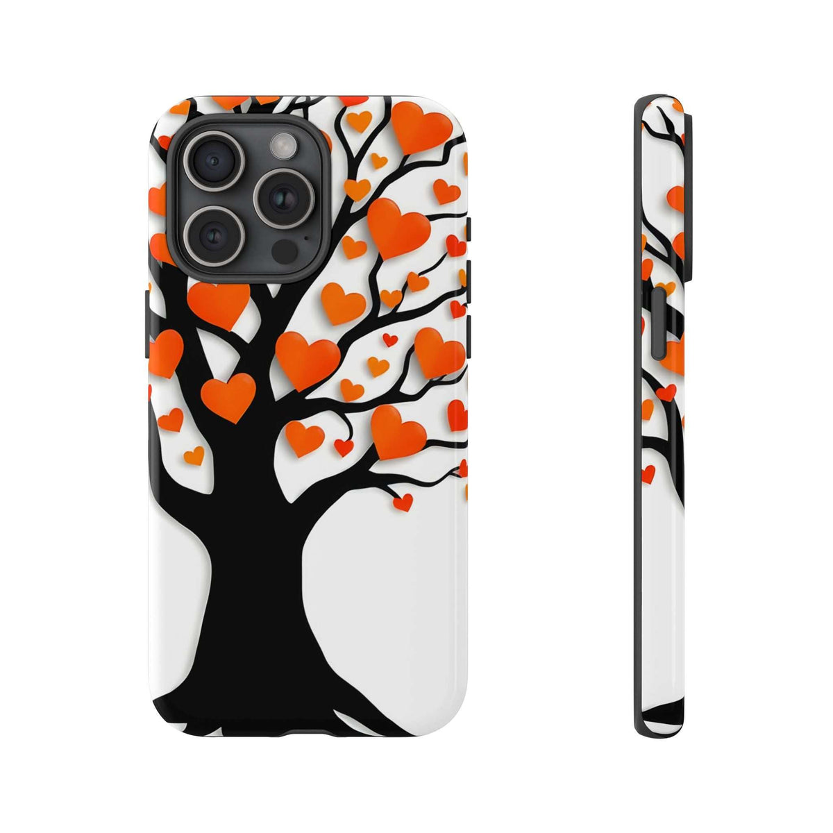 Heart tree phone case with orange and red hearts; triple camera cutout and slim side design.