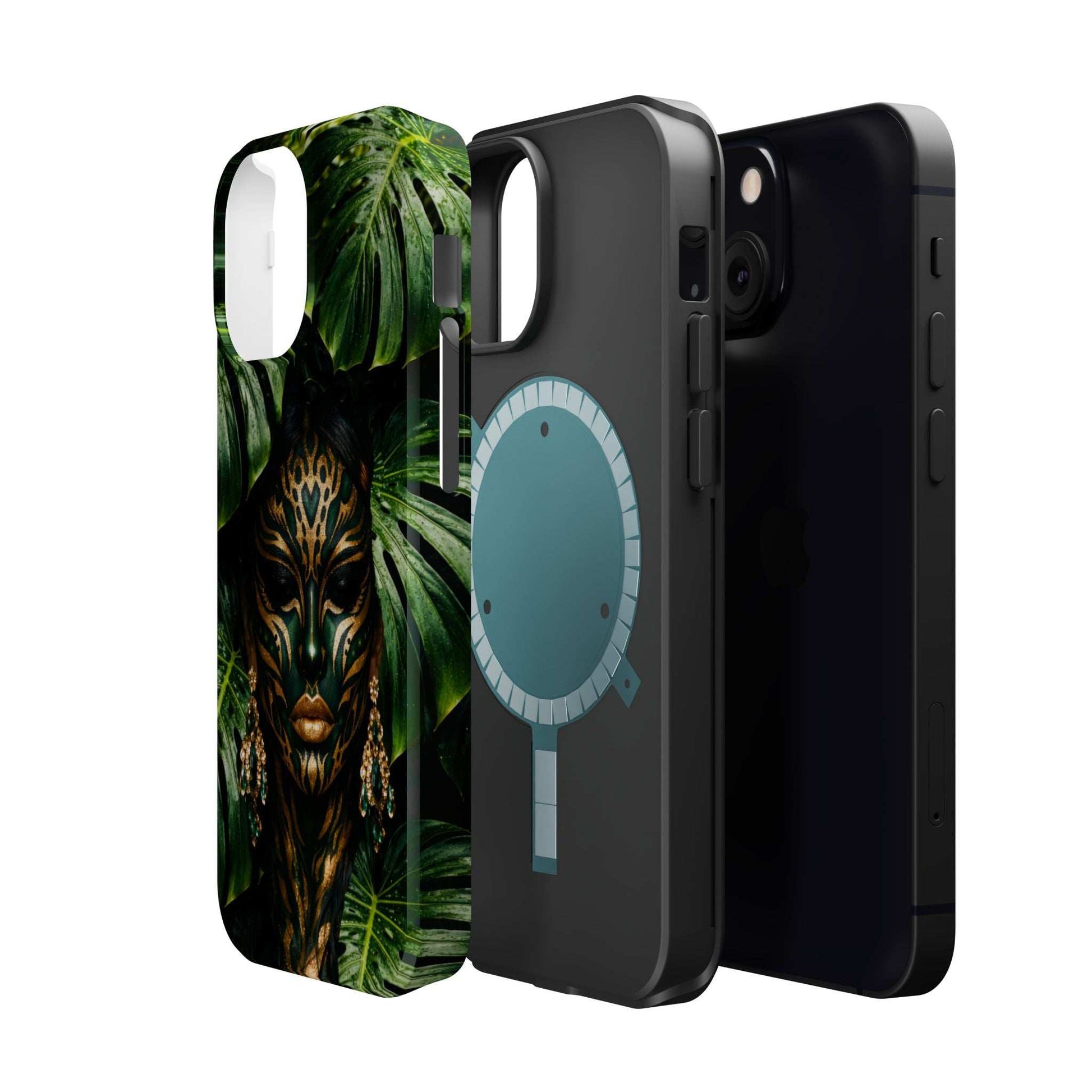 Jungle spirit phone case for iPhone 13-17 with green leaves and gold animal face print.