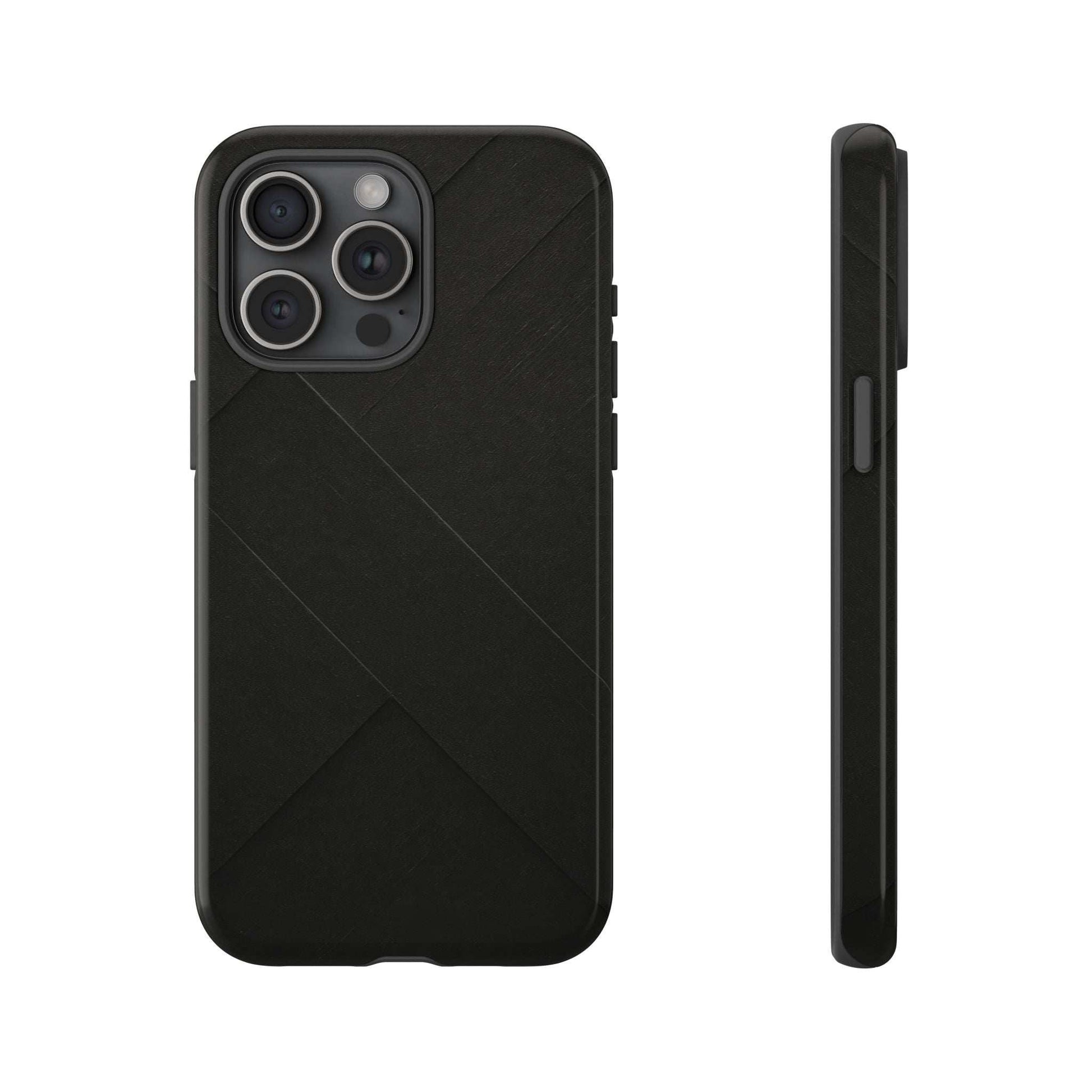 Matte black phone case with diagonal pattern and camera openings; includes side edge view