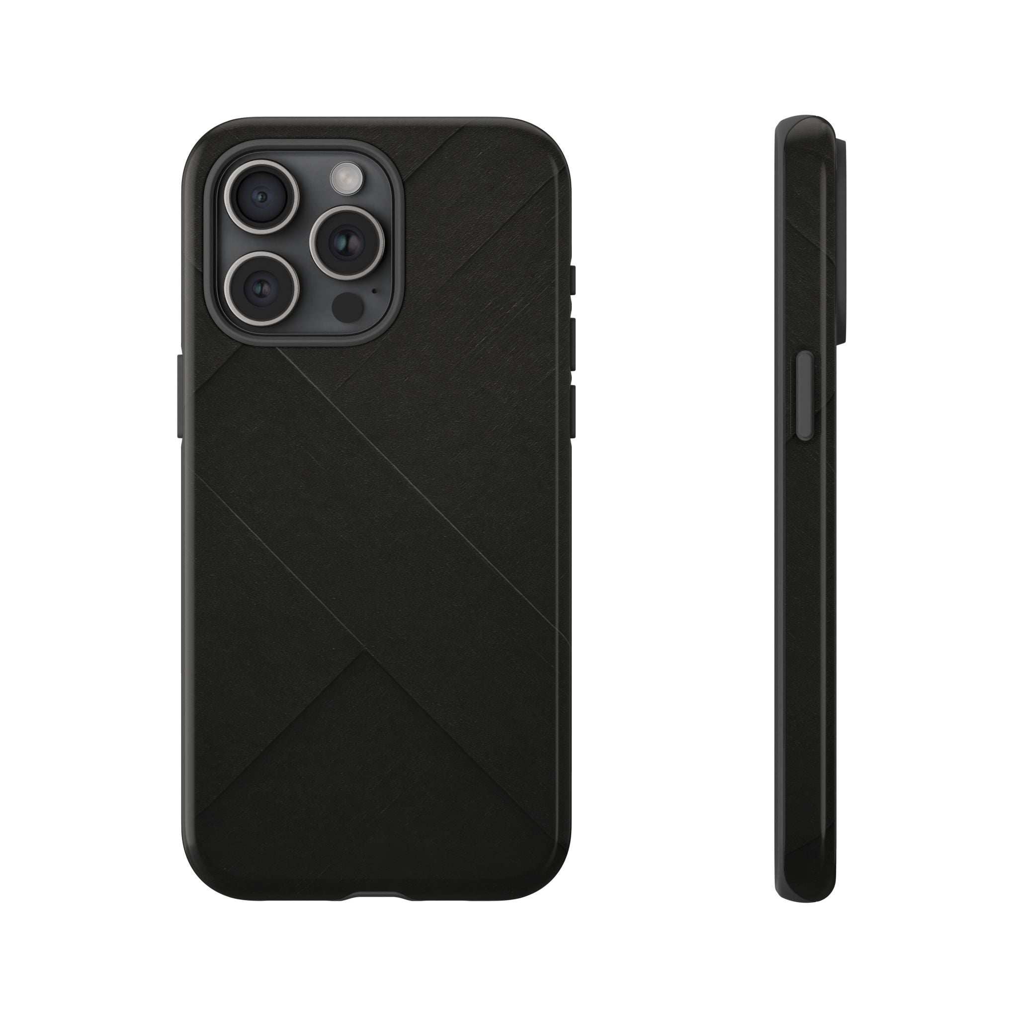 Matte black phone case with diagonal pattern and camera openings; includes side edge view