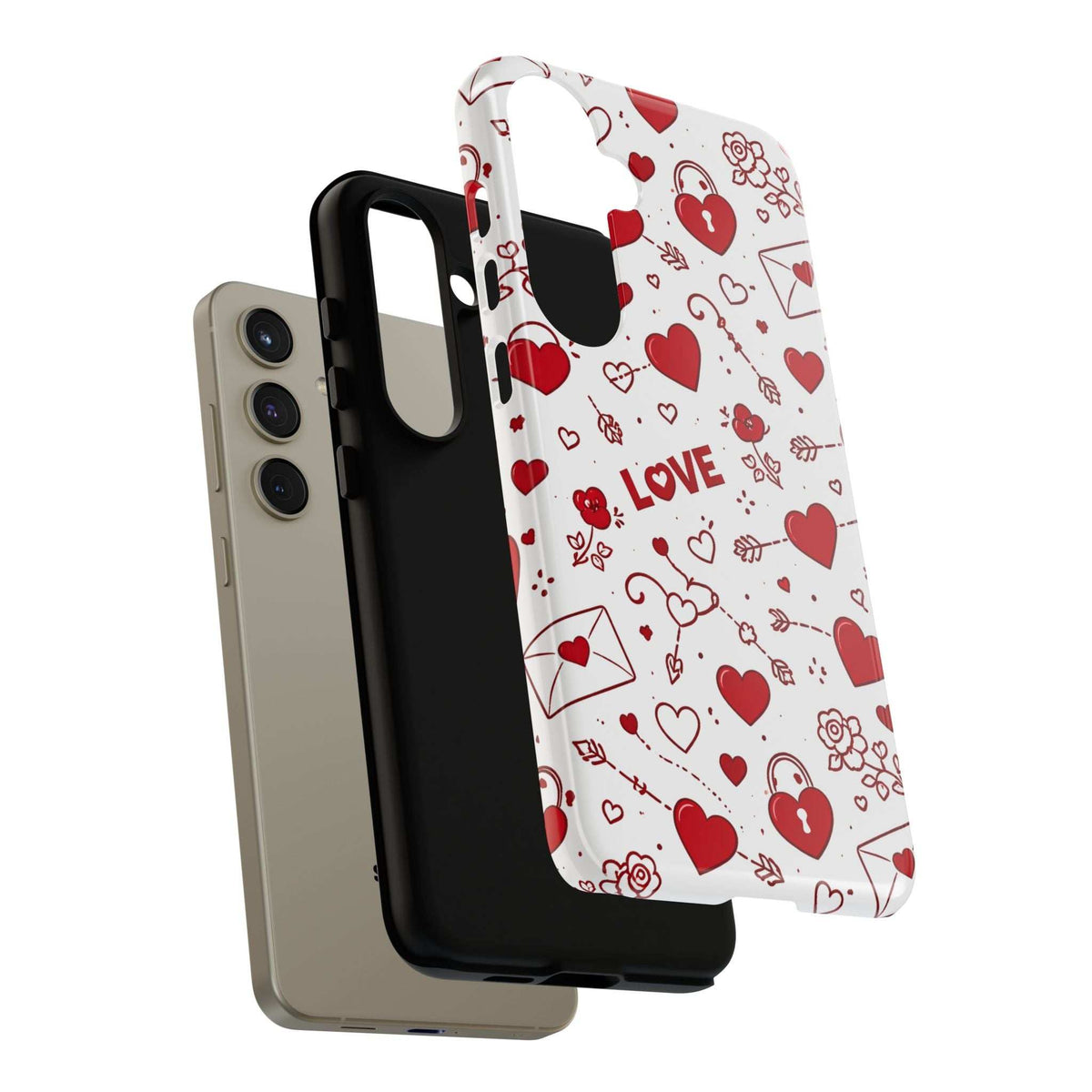 Glossy white phone case with red heart doodles and “LOVE” word, close angle