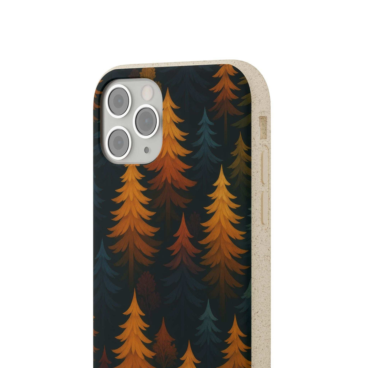 Biodegradable phone case with forest trees pattern, dark blue and orange, close-up camera cutouts
