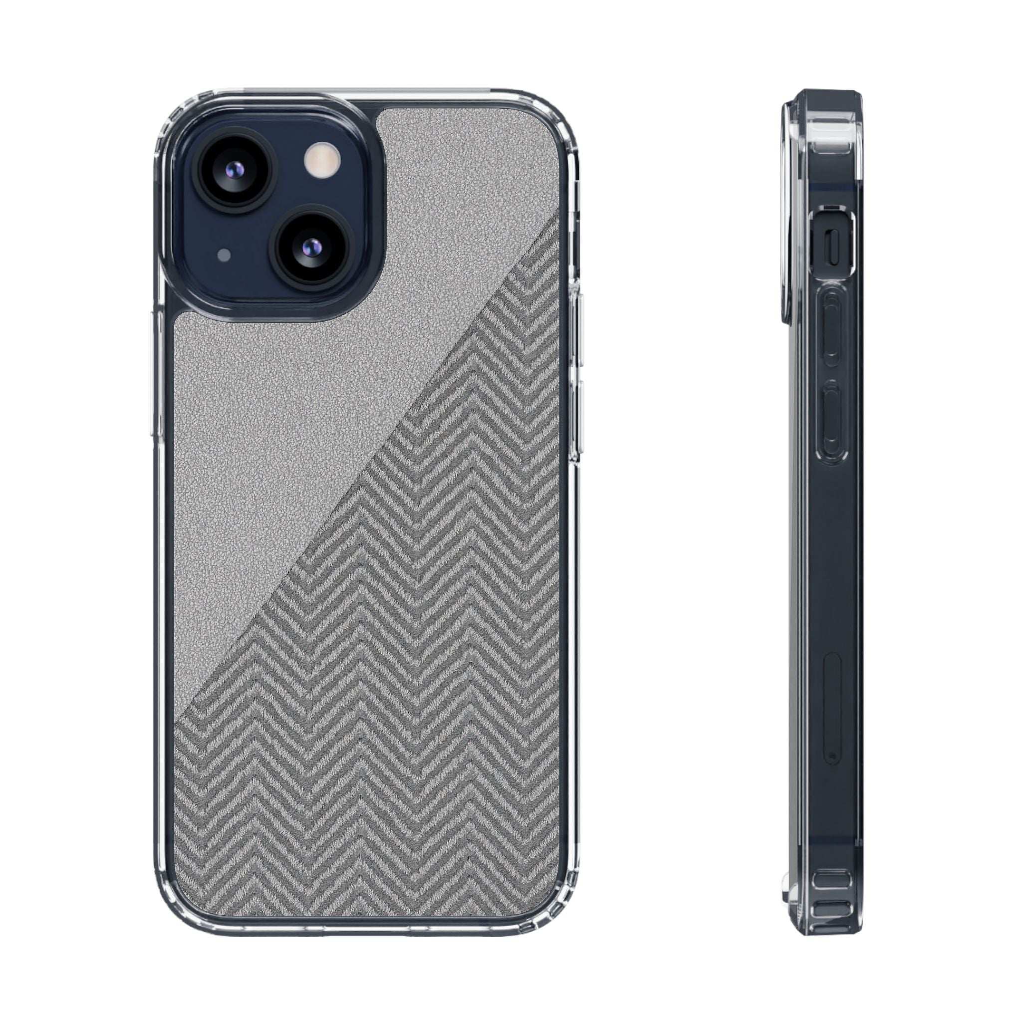 Rugged phone case with herringbone pattern, clear bumper, and side view buttons for iPhone 12-17