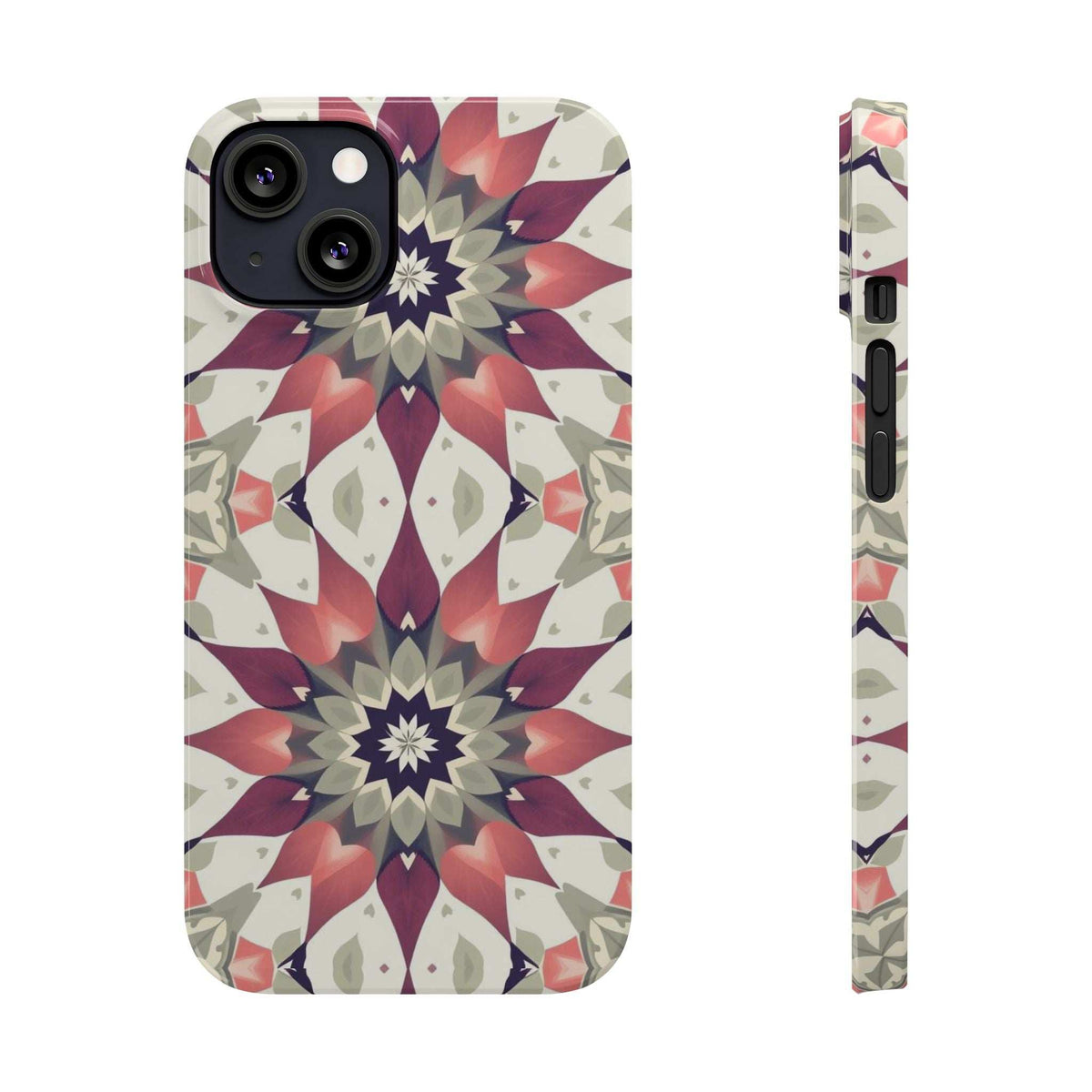 iPhone phone case front and side profile with burgundy mandala design and openings