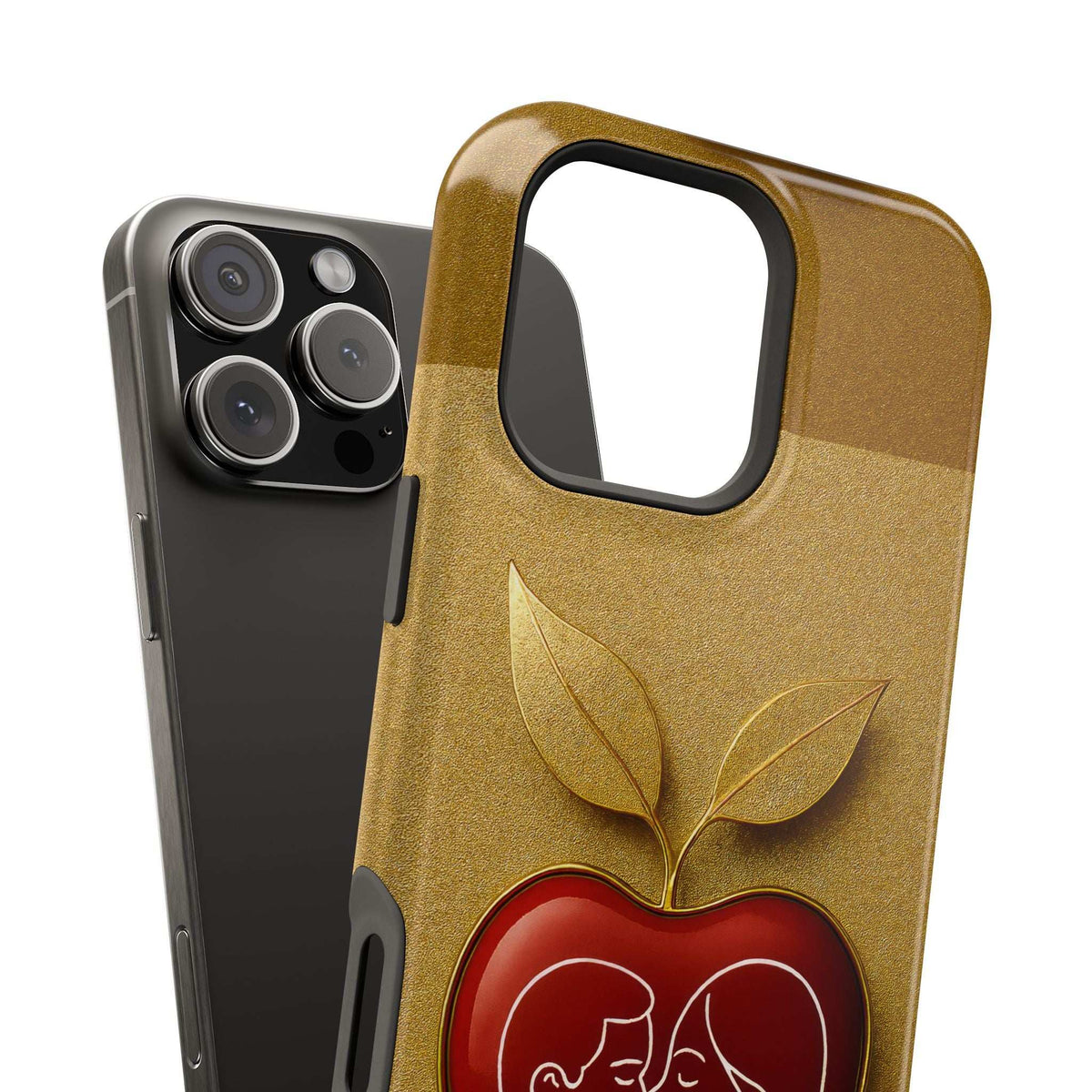 Gold glitter apple design phone case for iPhone 12–17 with leaf and red fruit motif