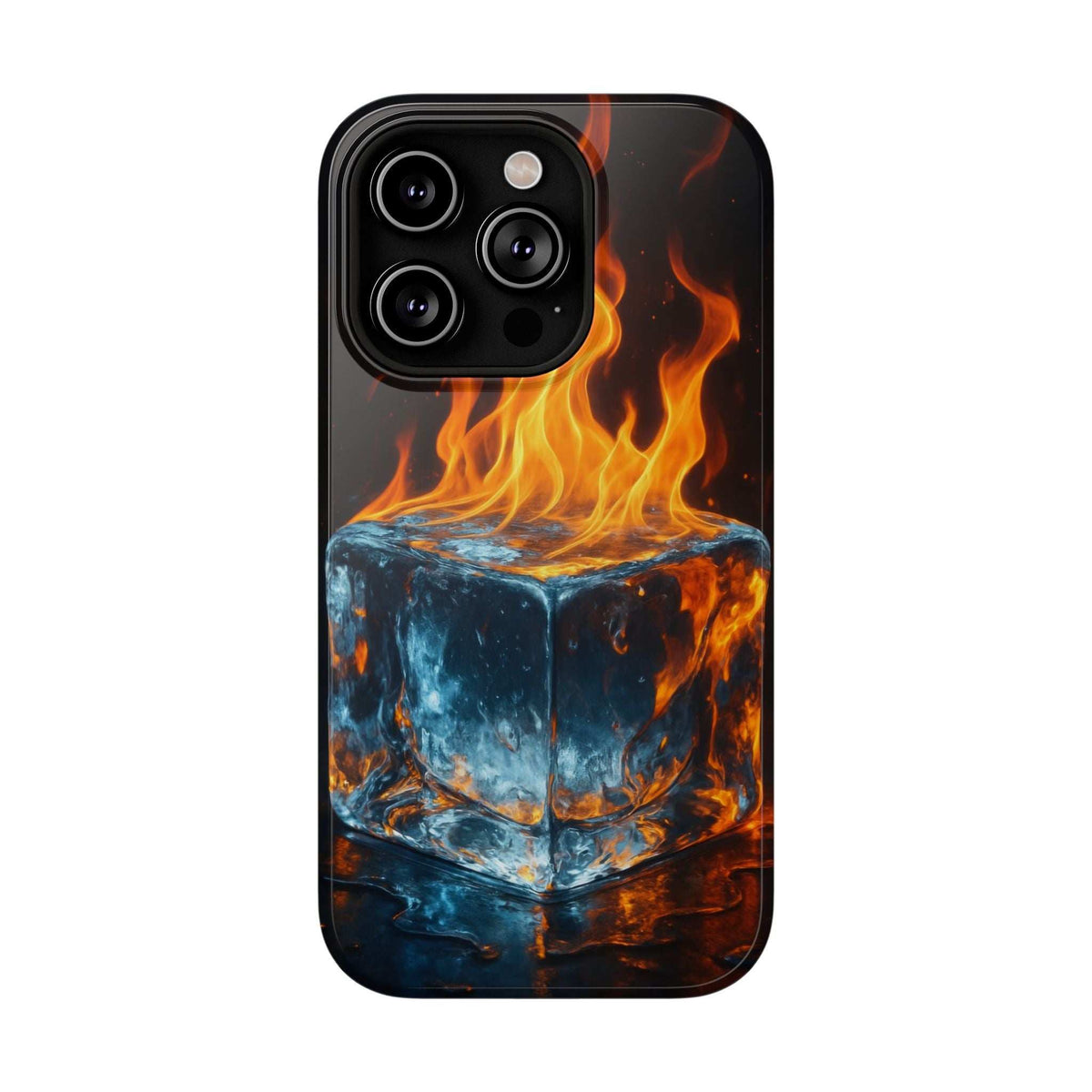 Black glossy phone case with flame and ice cube graphic and triple camera cutout