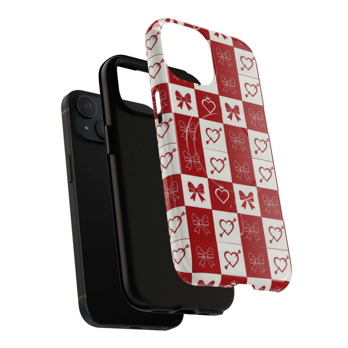Side view phone case in red/white checkered hearts and bows pattern with open frame
