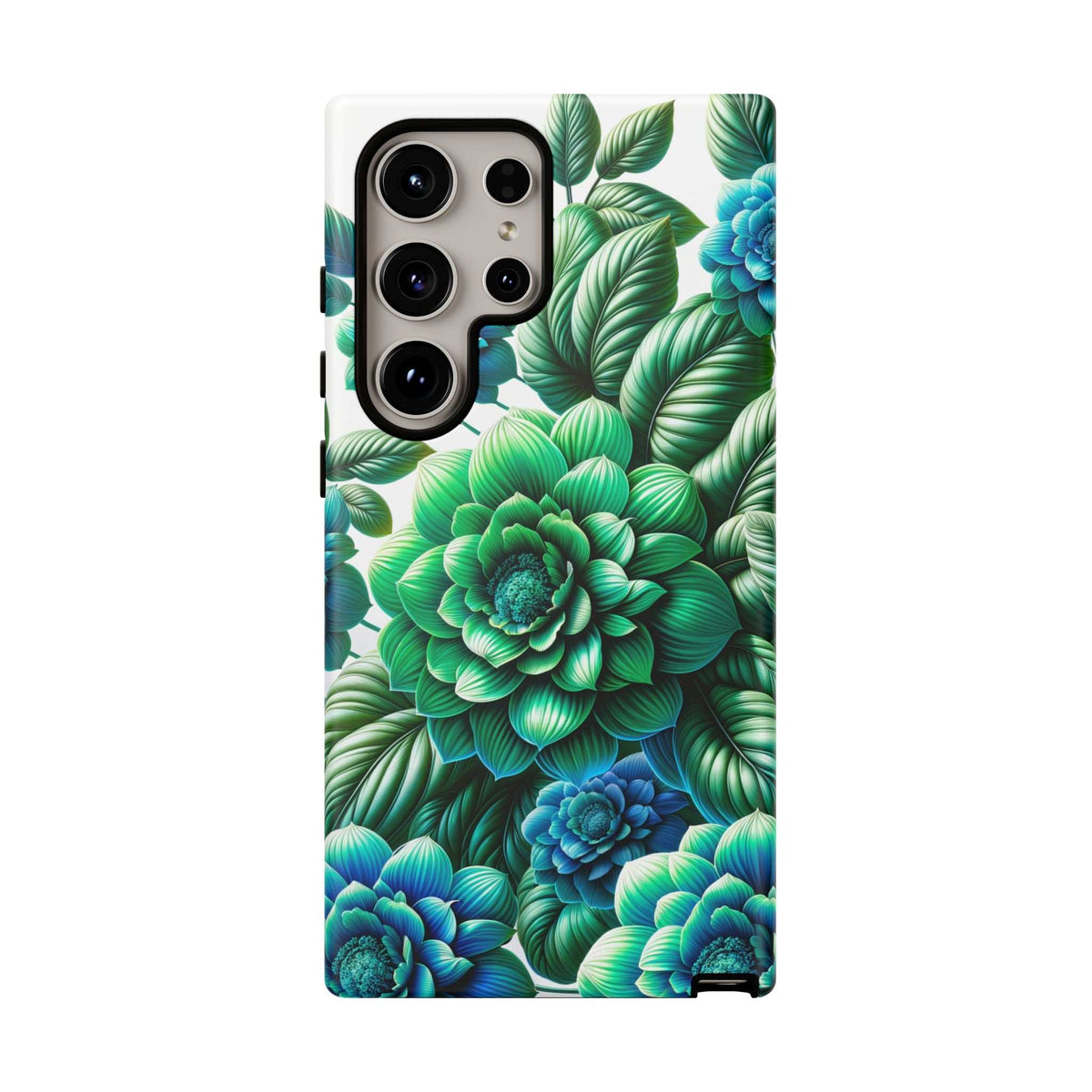 Green and blue floral phone case featuring leaves and peonies, raised camera cutouts