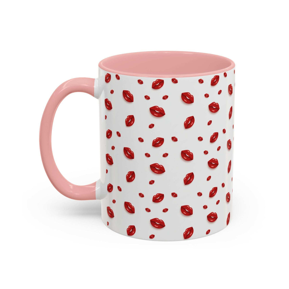 Accent coffee mug with hot lips pattern, pink handle and rim, angled view