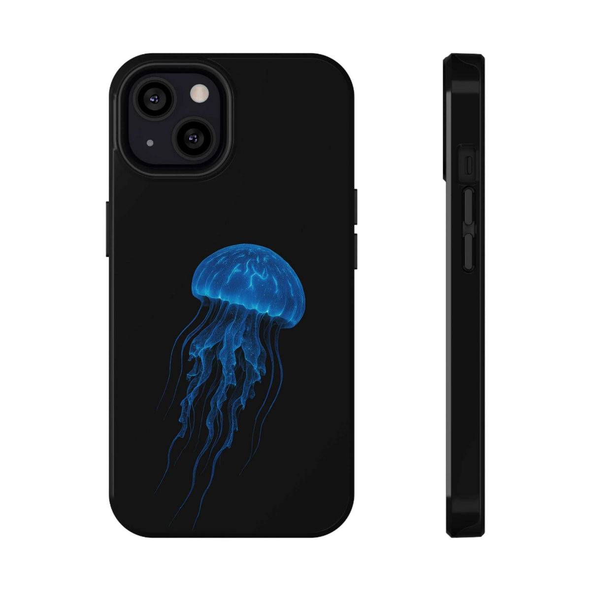Black phone case with blue jellyfish graphic, shown from front and side