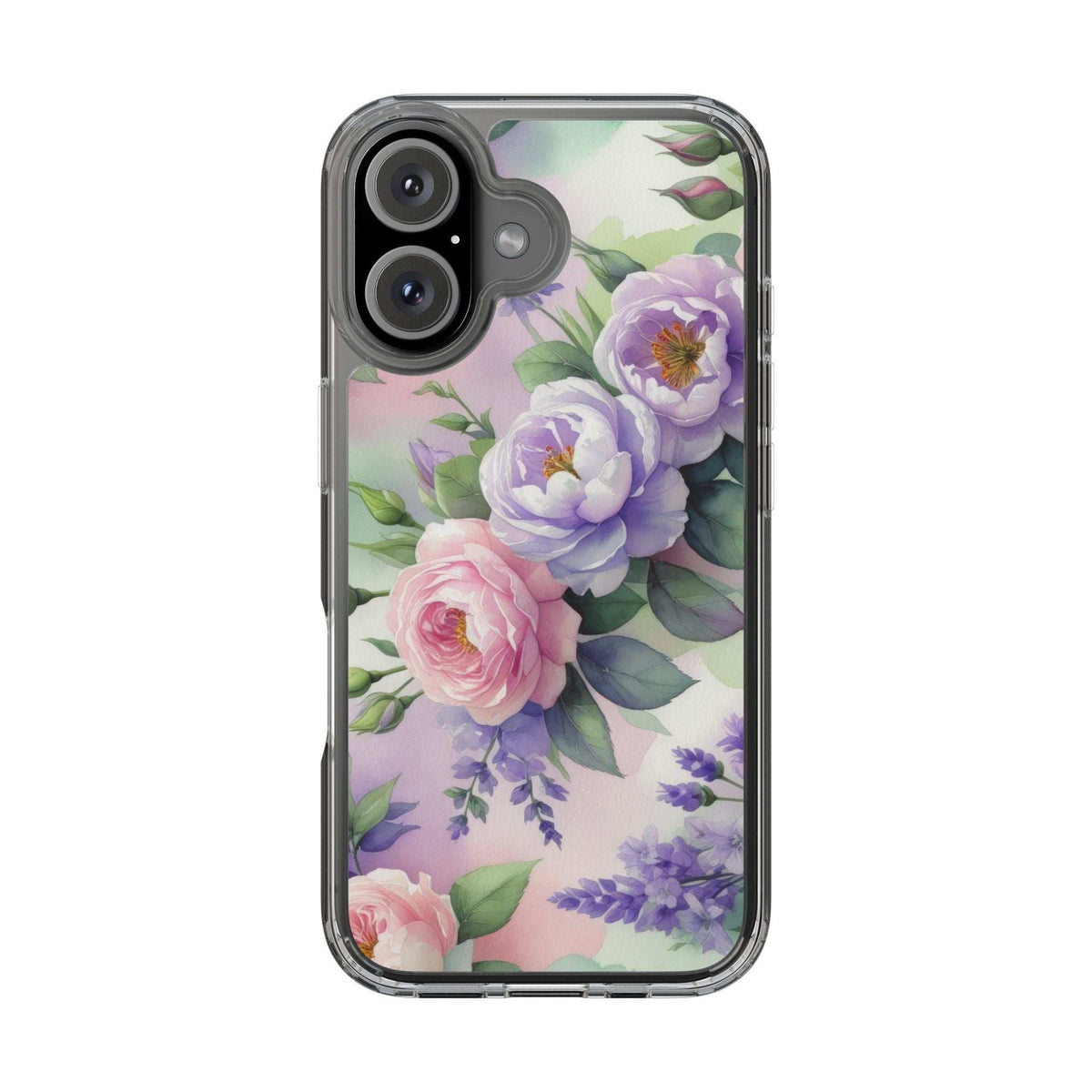 Clear floral phone case with pastel roses and lilac blossoms, textured transparent bumper