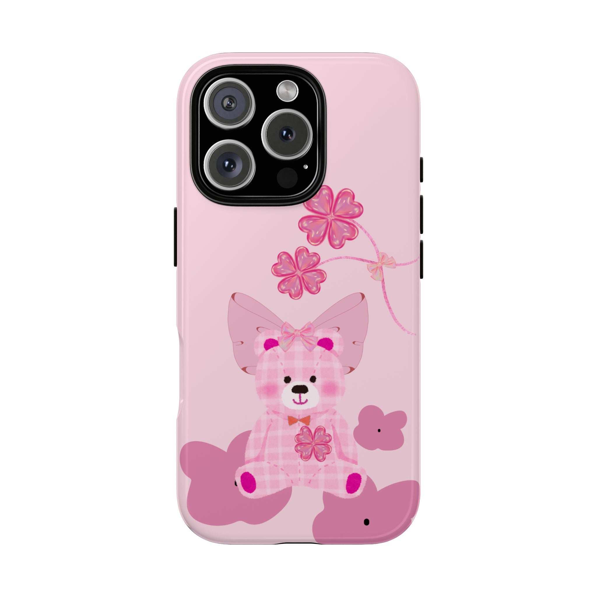 Pink phone case with teddy bear and floral bow design, large camera module cutout.