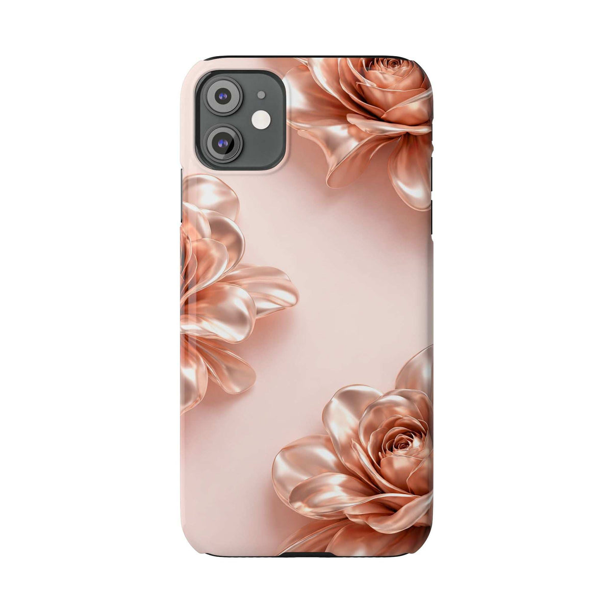 Blush pink phone case with metallic rose flowers wrapping the right side and bottom.