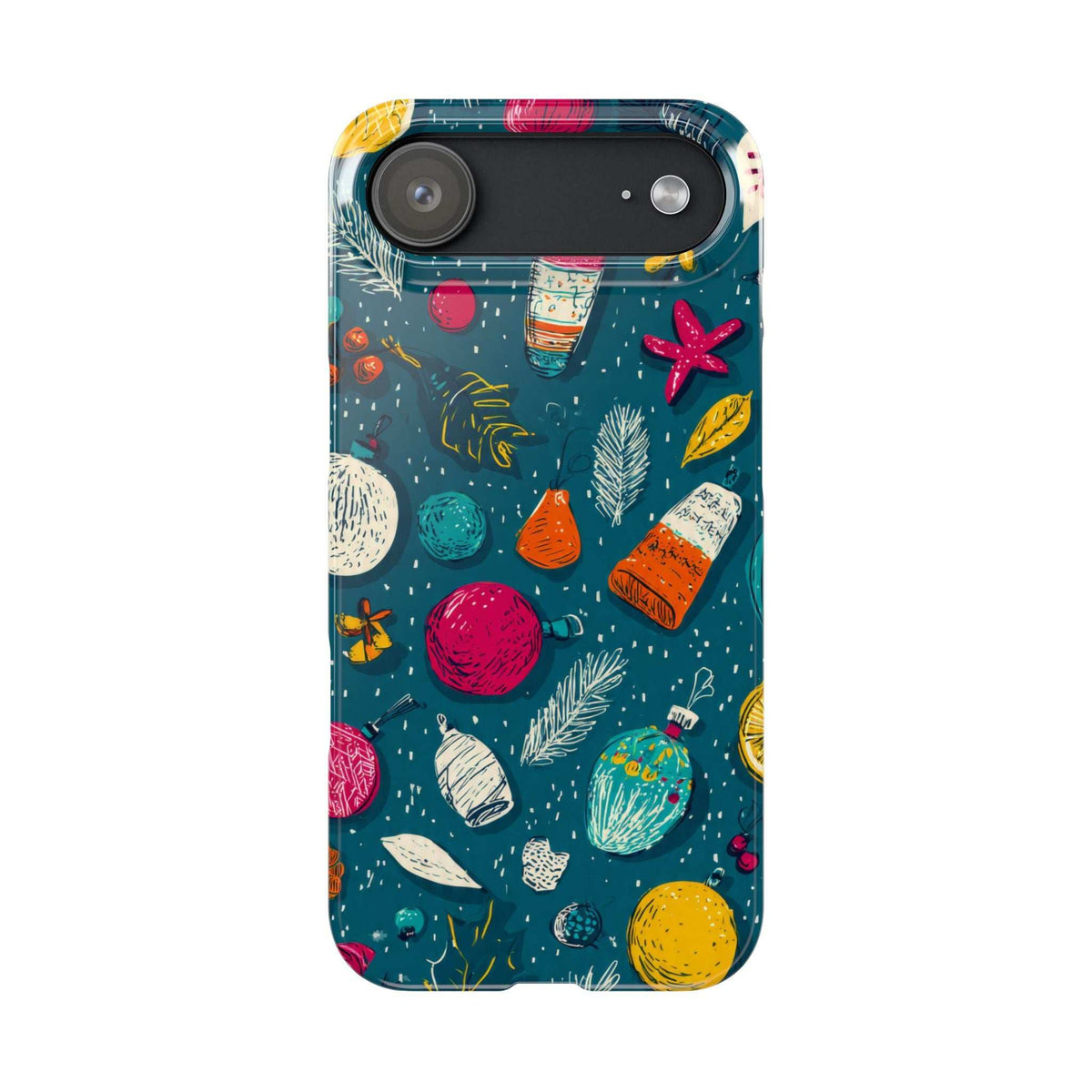 Teal winter phone case with mixed holiday icons and detailed camera opening