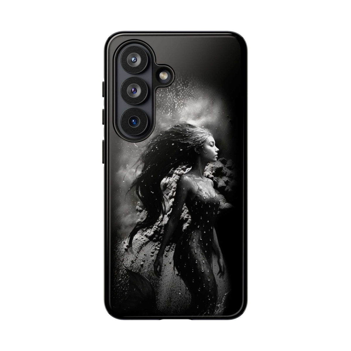 Black mermaid-themed phone case with triple-lens camera module