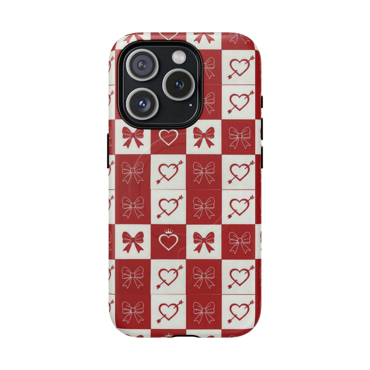 Red and white checkered phone case with heart and bow print, cutouts for camera and flash