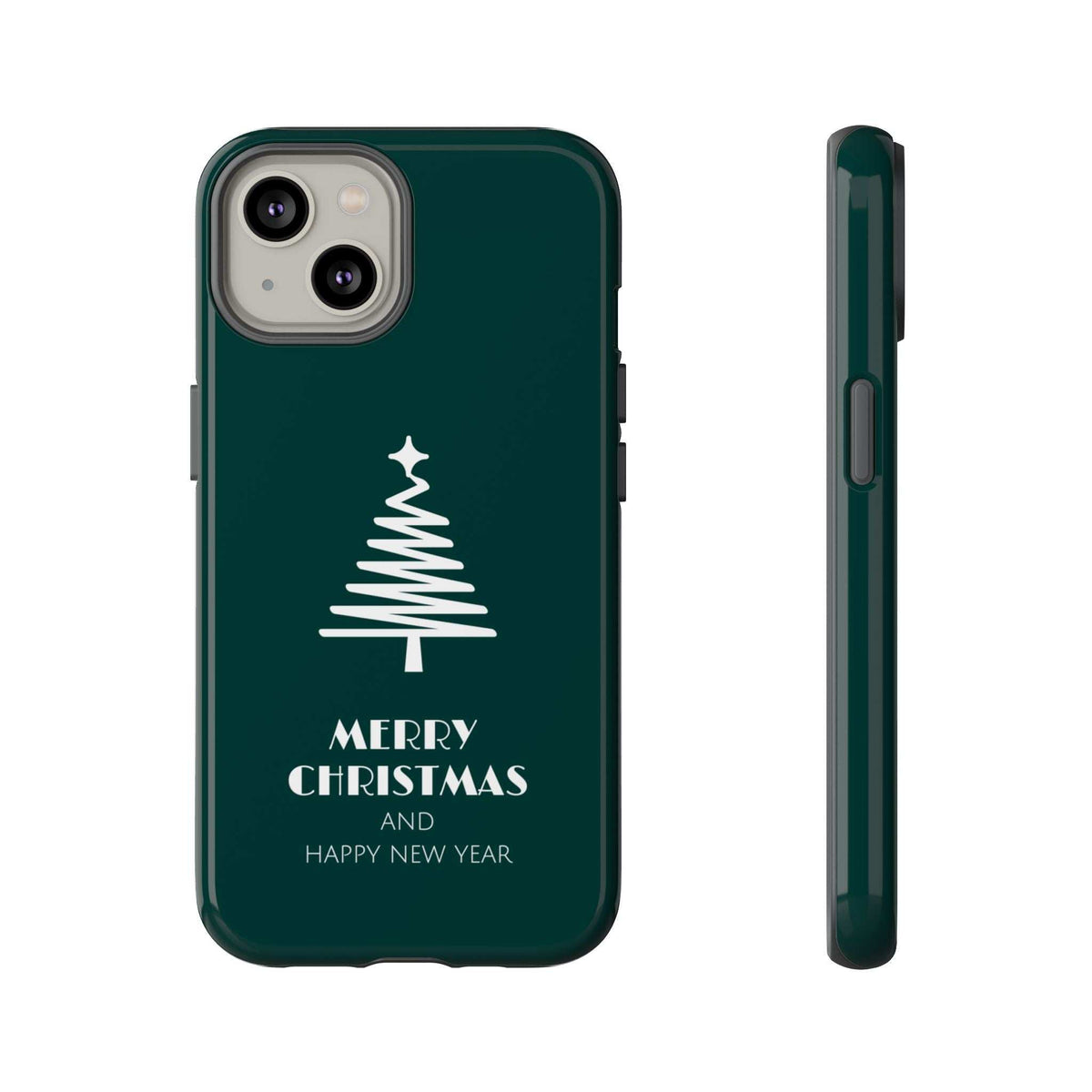 Dark green glossy phone case with white Christmas tree and “Merry Christmas” text