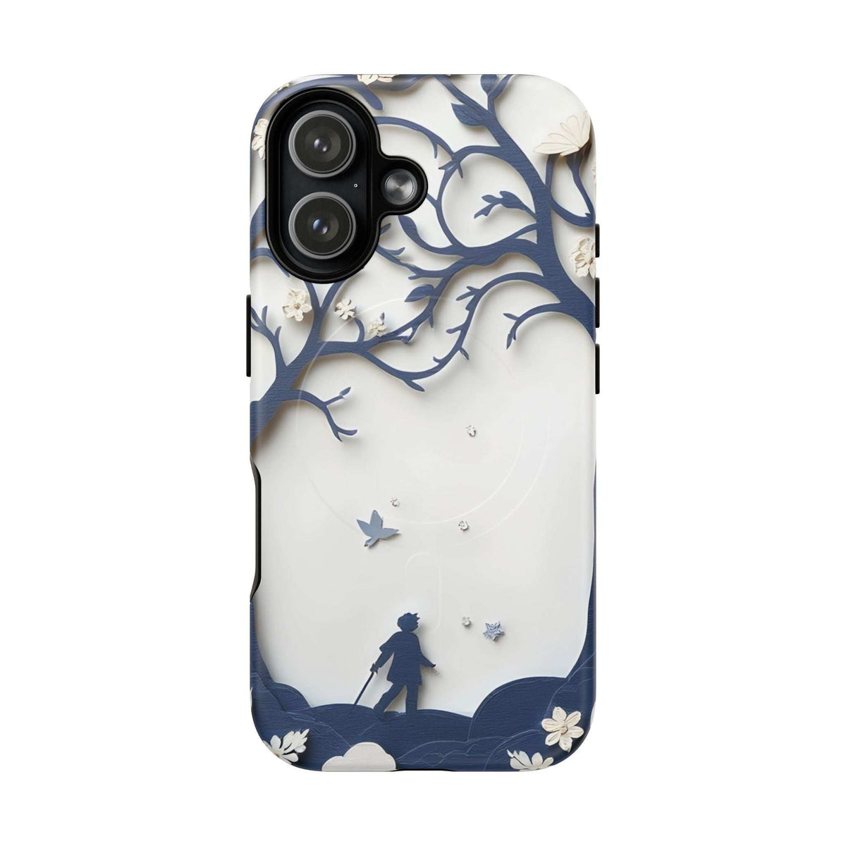 Nature silhouette phone case for iPhone 13-17 with blue silhouette figure and branch details