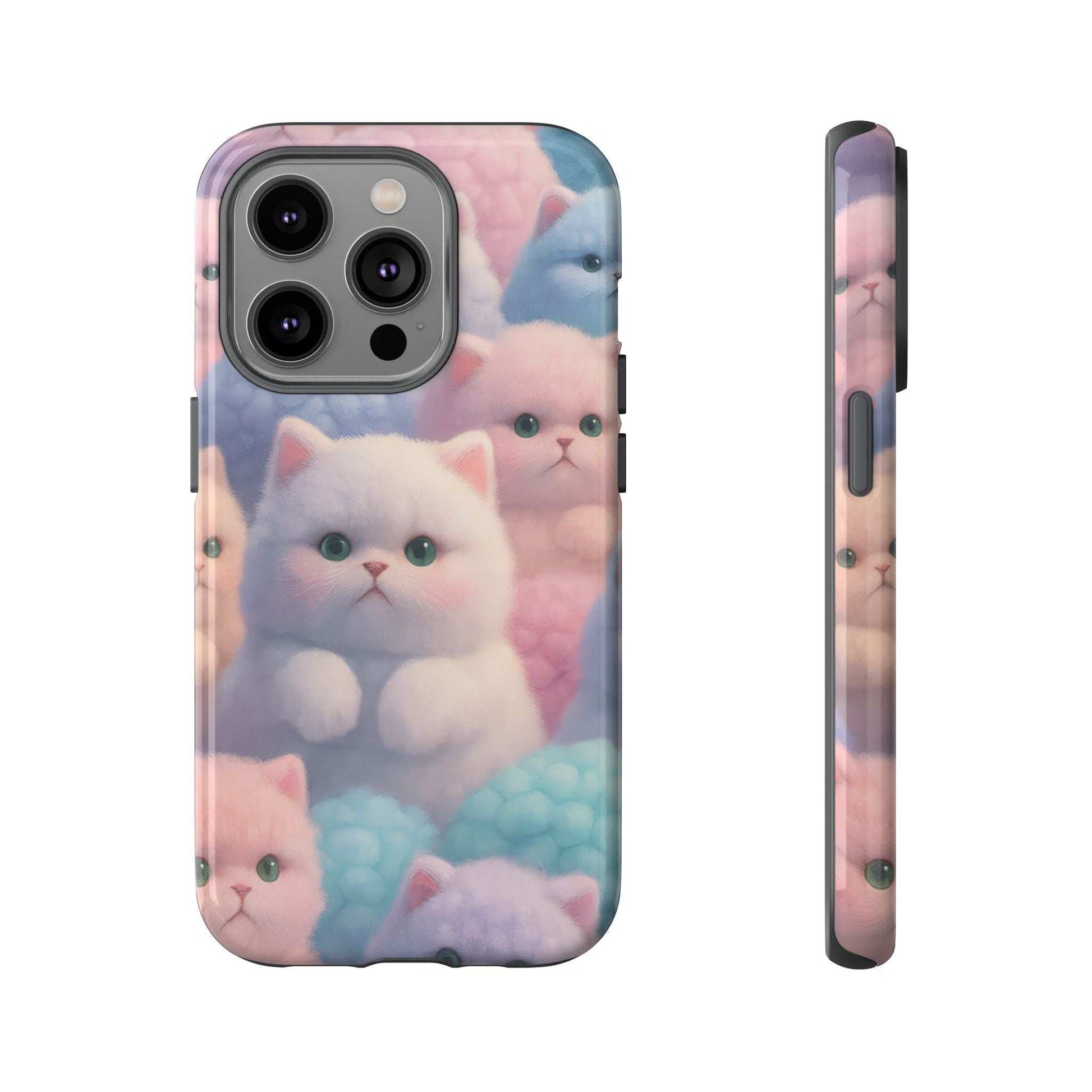 Pastel kitten phone case back with prominent camera guard, glossy cat print