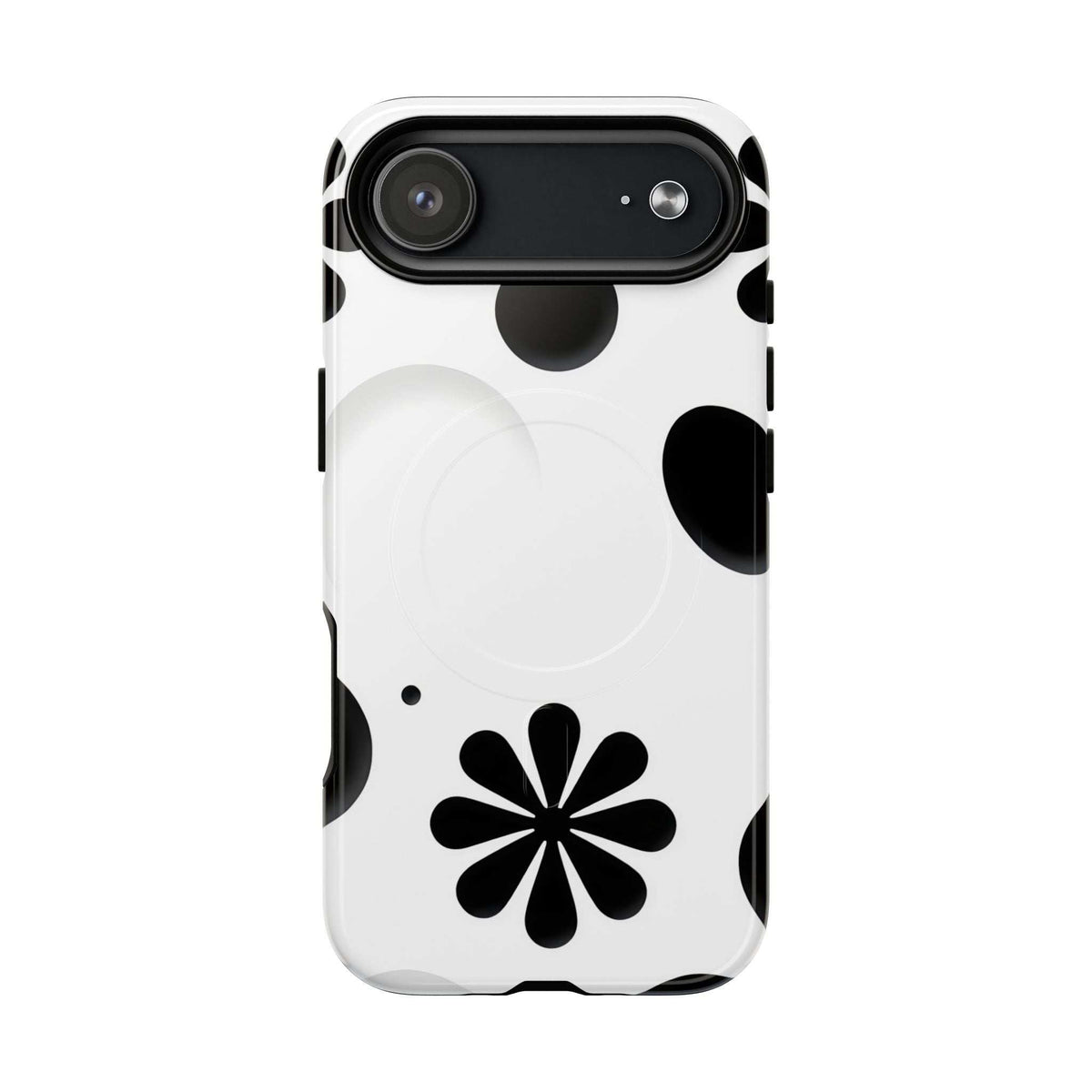 Phone case with black flower design on white, dark horizontal camera cover