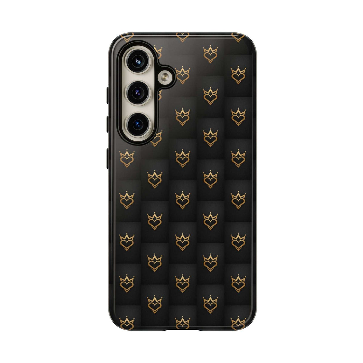 Glossy black phone case with crowned heart doodle pattern, camera lenses and cutouts