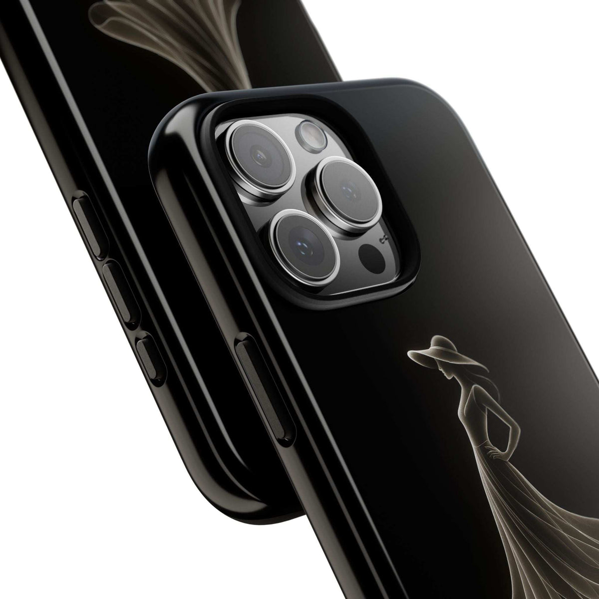 Glossy black phone case close-up showing camera cutouts and ballet dancer rose design.