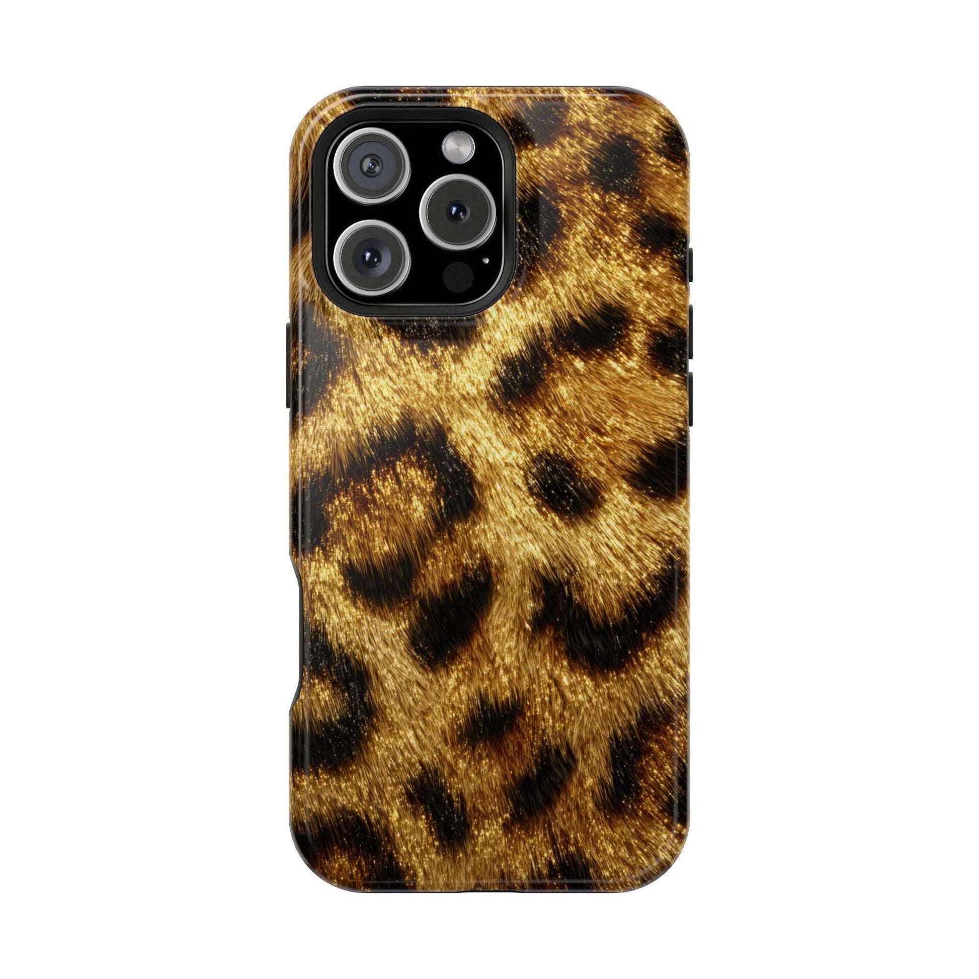 Glossy leopard print phone case with gold base and black mottled pattern, multi-lens camera.