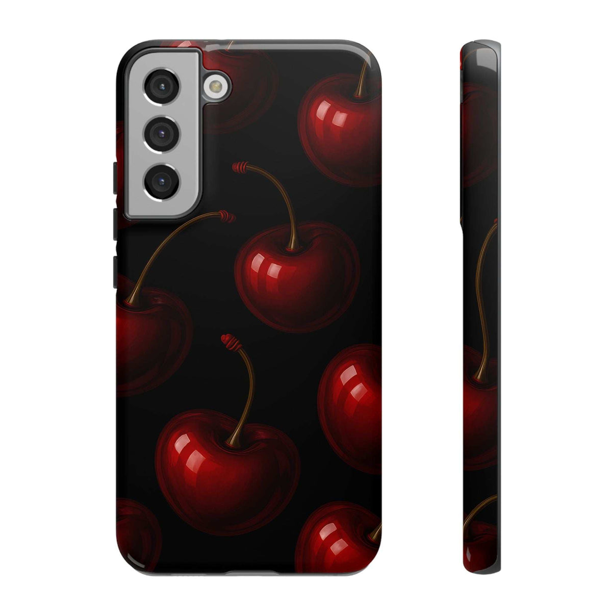 Glossy phone case with red cherries on black, raised camera area and cutouts