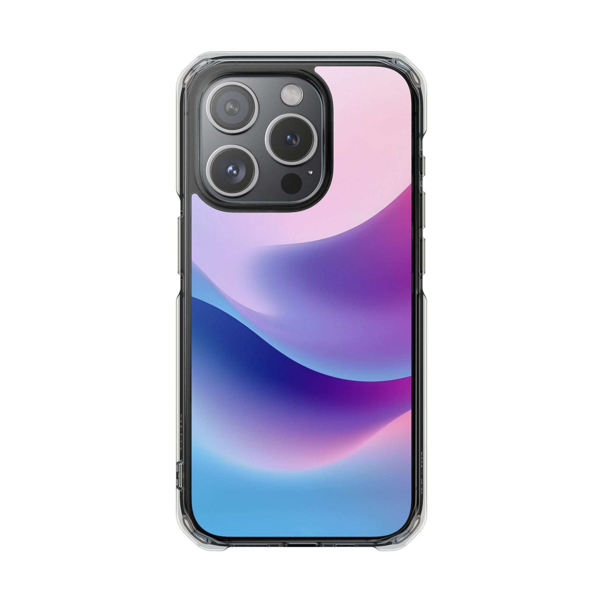 Pastel wave phone case with clear frame; black triple-camera area and purple-to-blue wave graphic