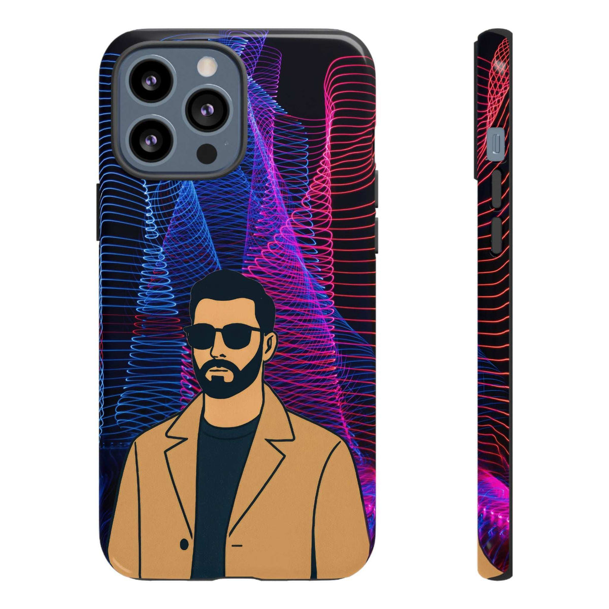 Glossy phone case with bearded man graphic, neon blue and pink wire lines, cutouts for cameras