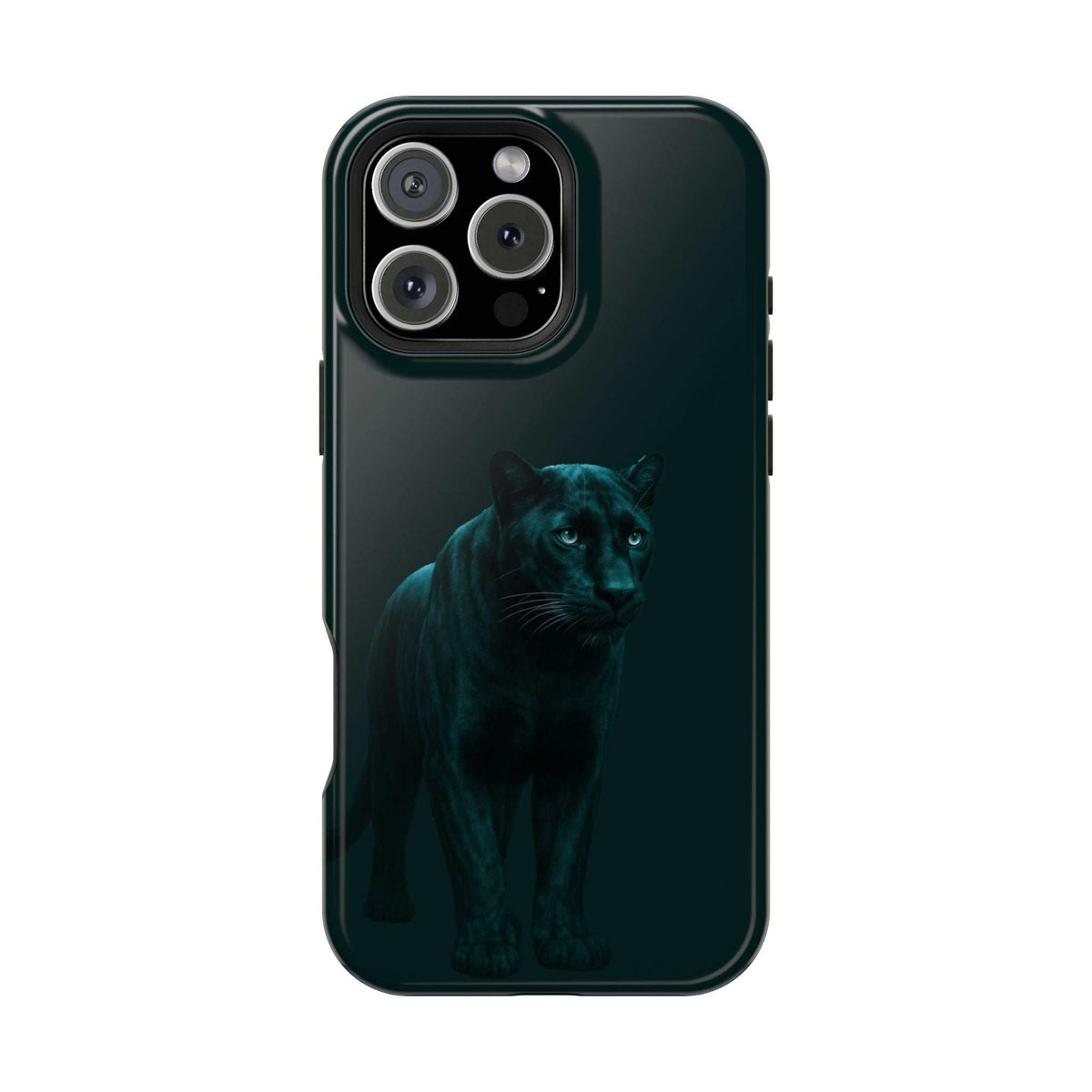 Dark phone case with panther graphic and raised camera module on the back