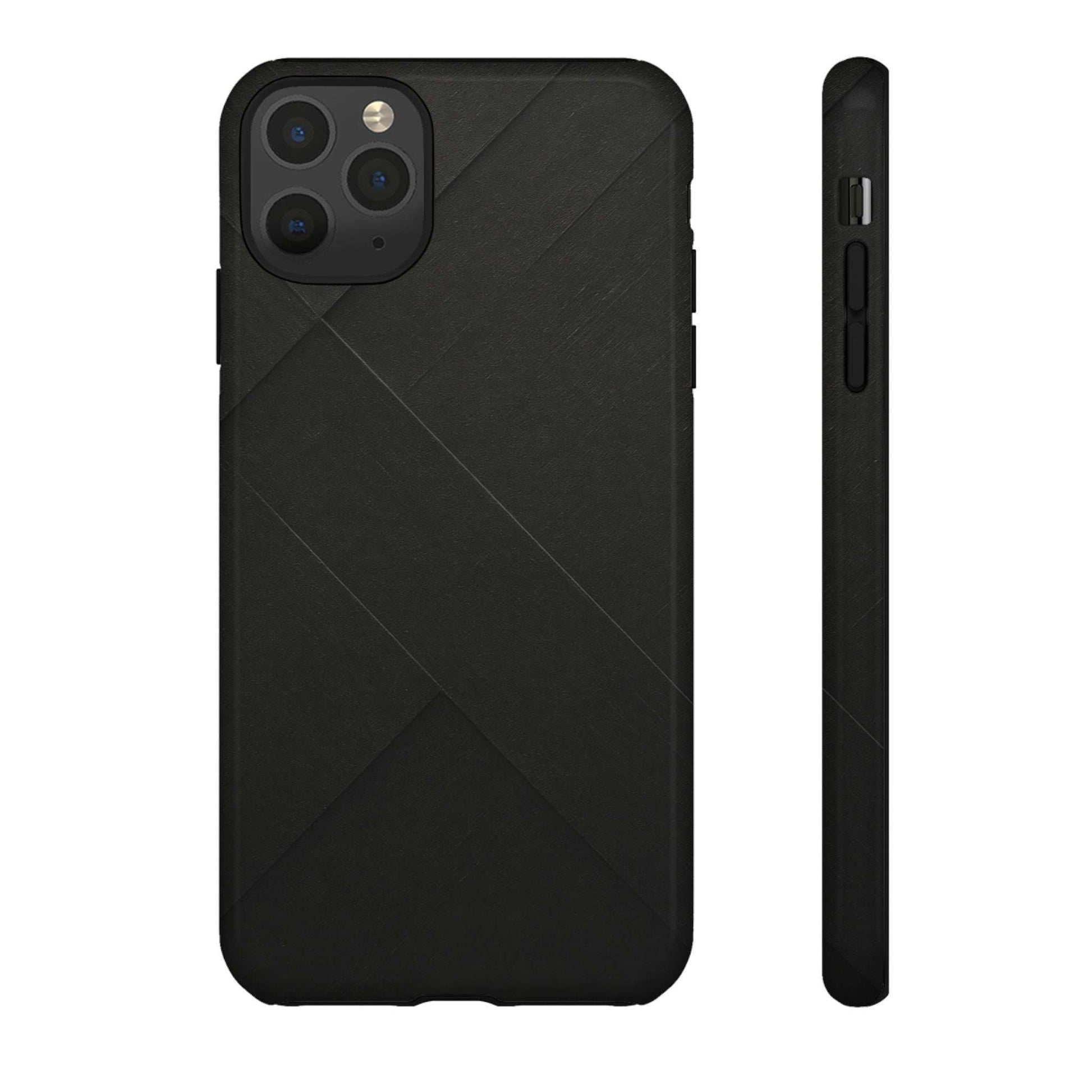 Matte black phone case with diagonal line texture and camera opening