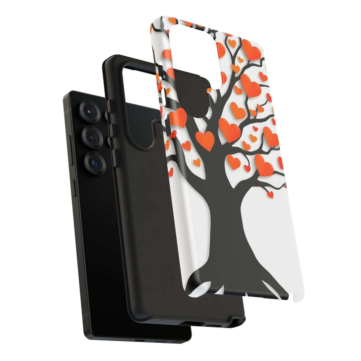 Heart tree phone case with orange heart pattern on white and black trunk; slim side profile