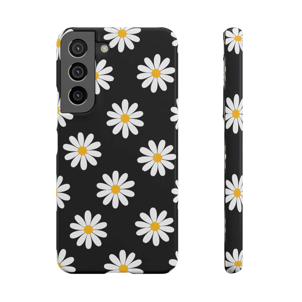 Black phone case with white daisies and yellow centers, back and slim side profile.