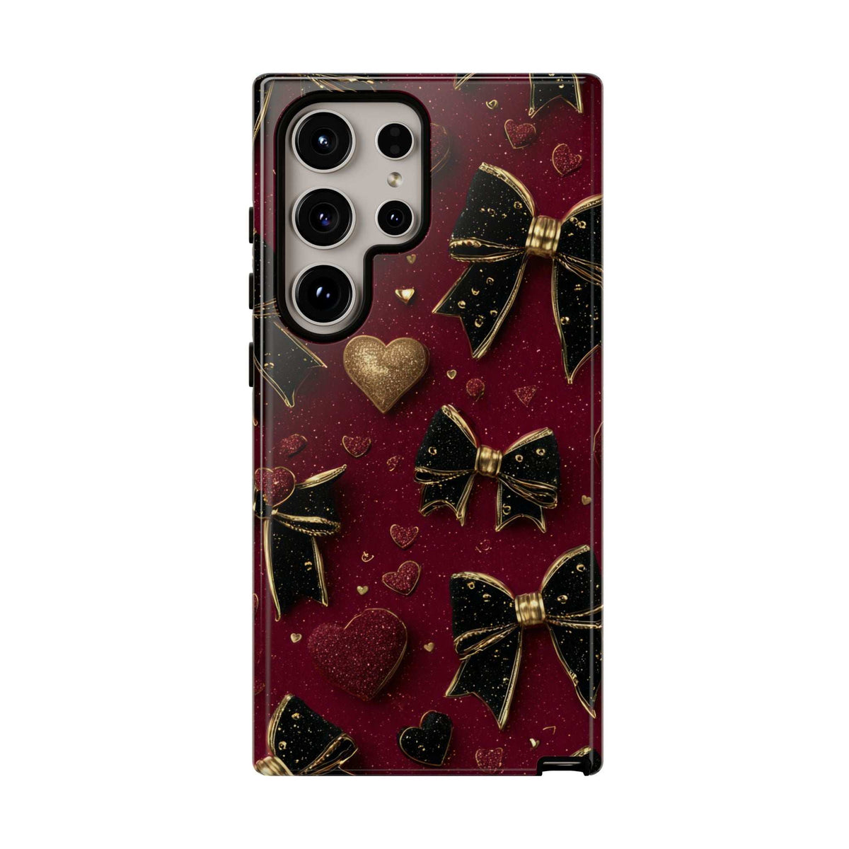 Velvet phone case in burgundy with gold hearts, bows, and confetti; camera cutouts.