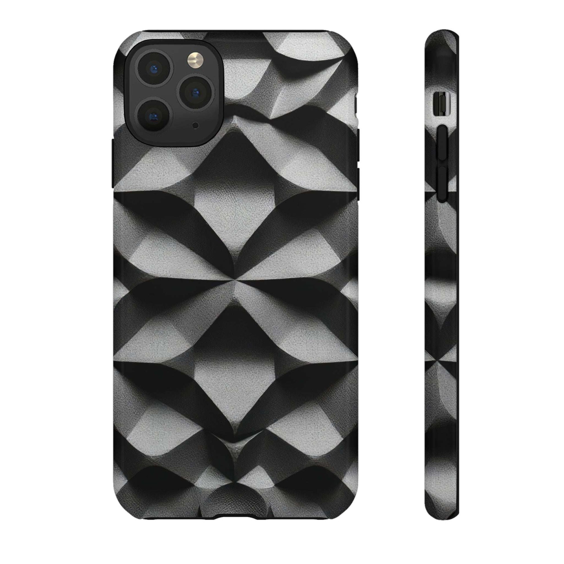 Tough phone case with black and silver geometric diamond pattern, raised camera frame