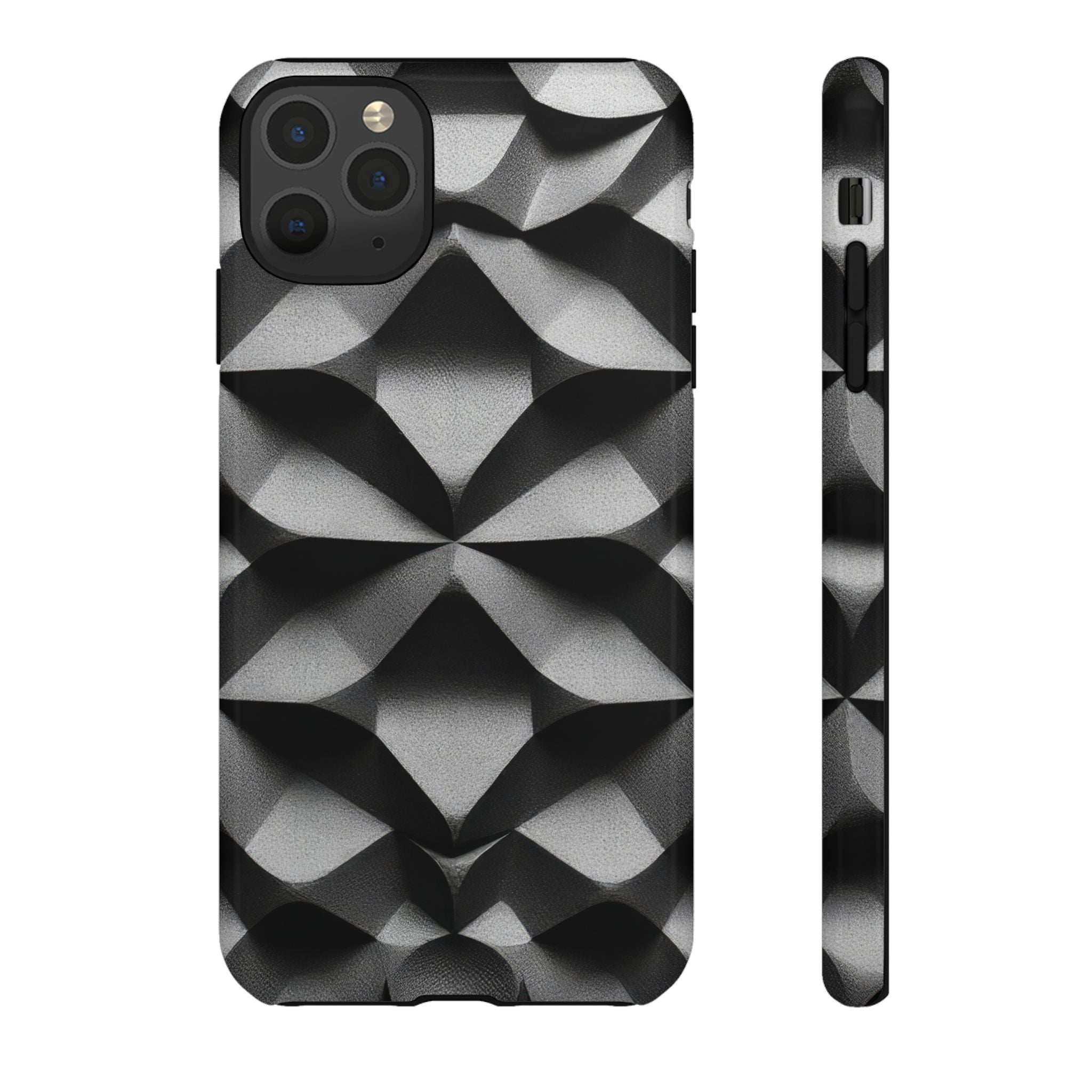 Tough phone case with black and silver geometric diamond pattern, raised camera frame