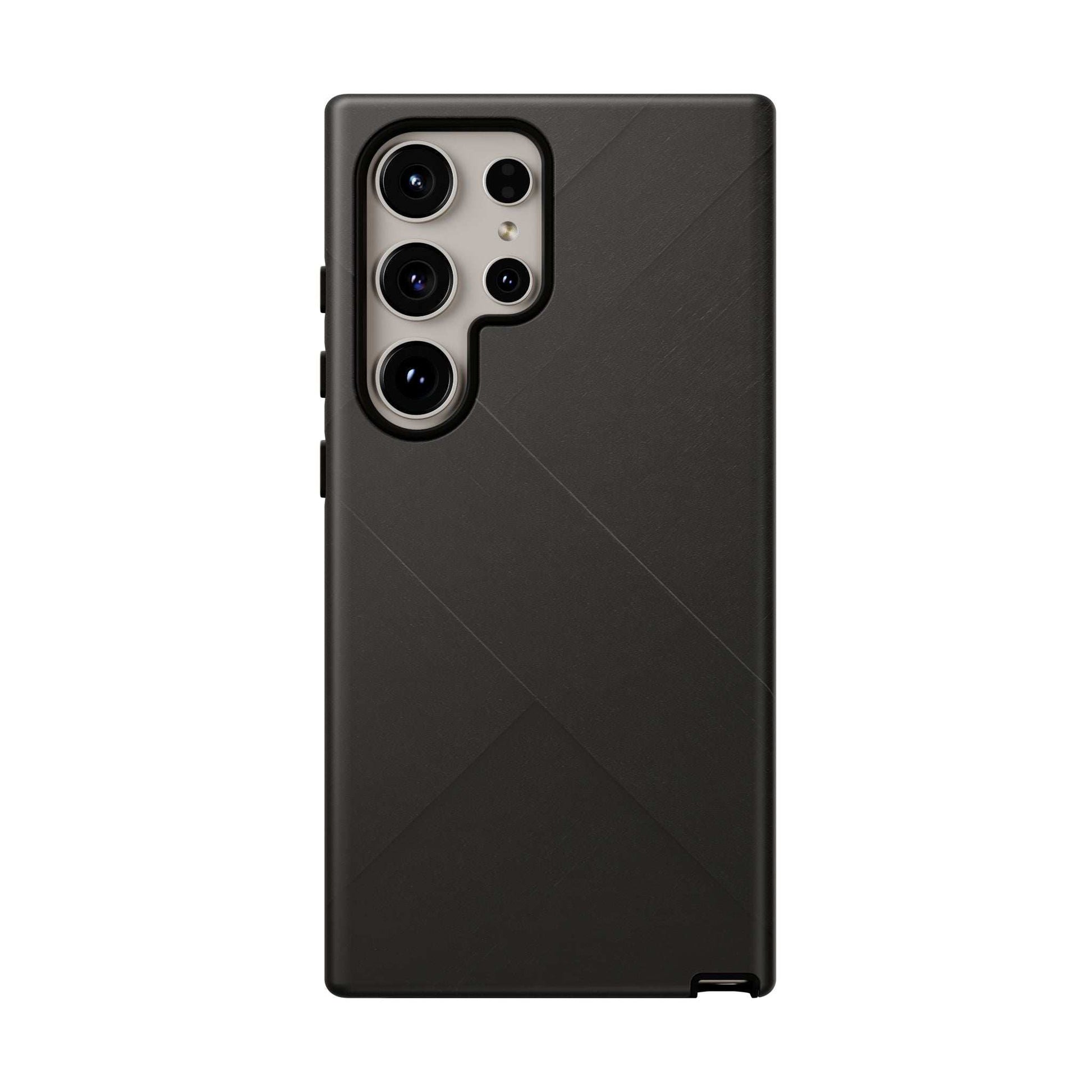 Matte black phone case with diagonal line design and raised camera module cutouts