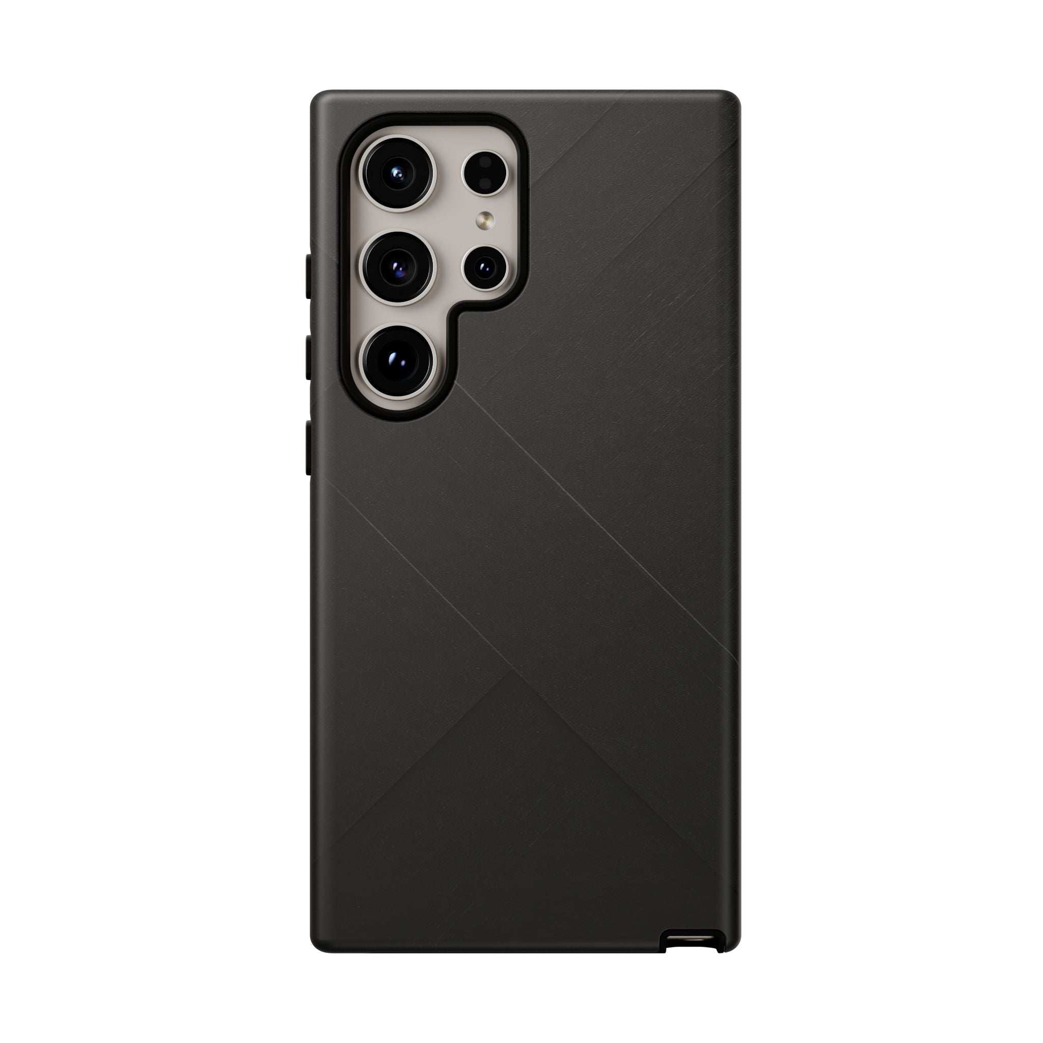Matte black phone case with diagonal line design and raised camera module cutouts