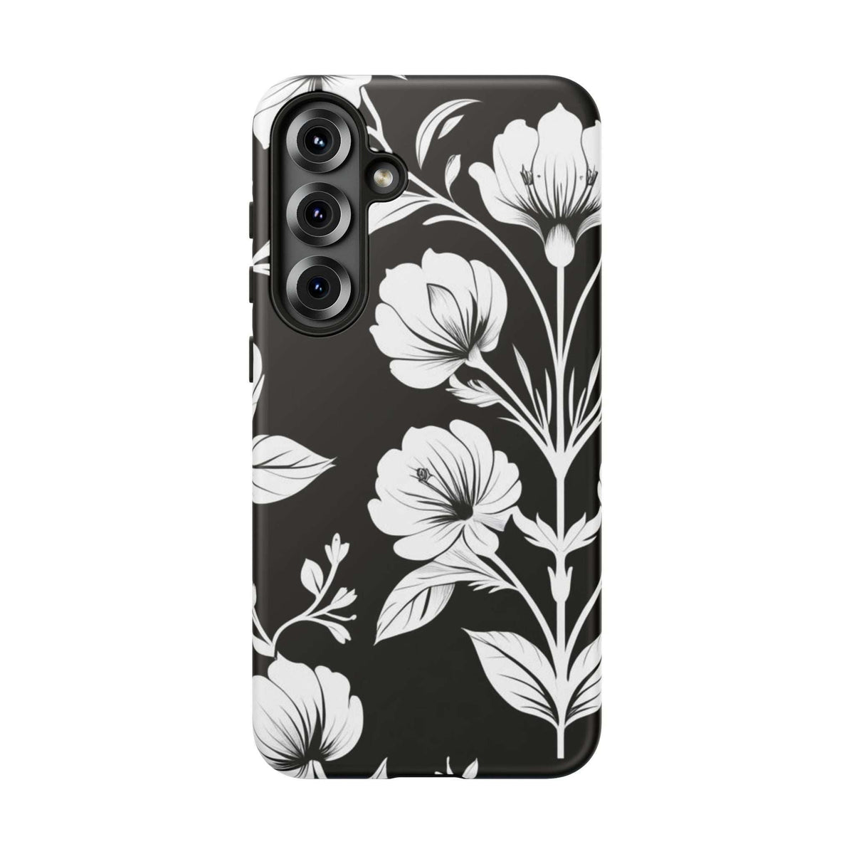 Black floral phone case with white flowers and stems; camera and flash openings visible