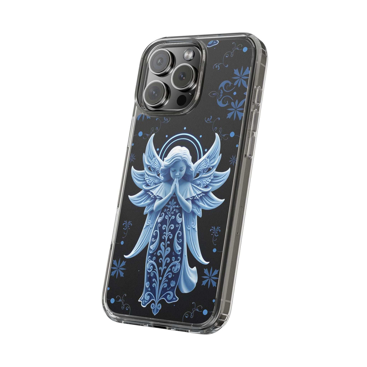 Transparent phone case with blue angel prayer design, floral accents, camera openings