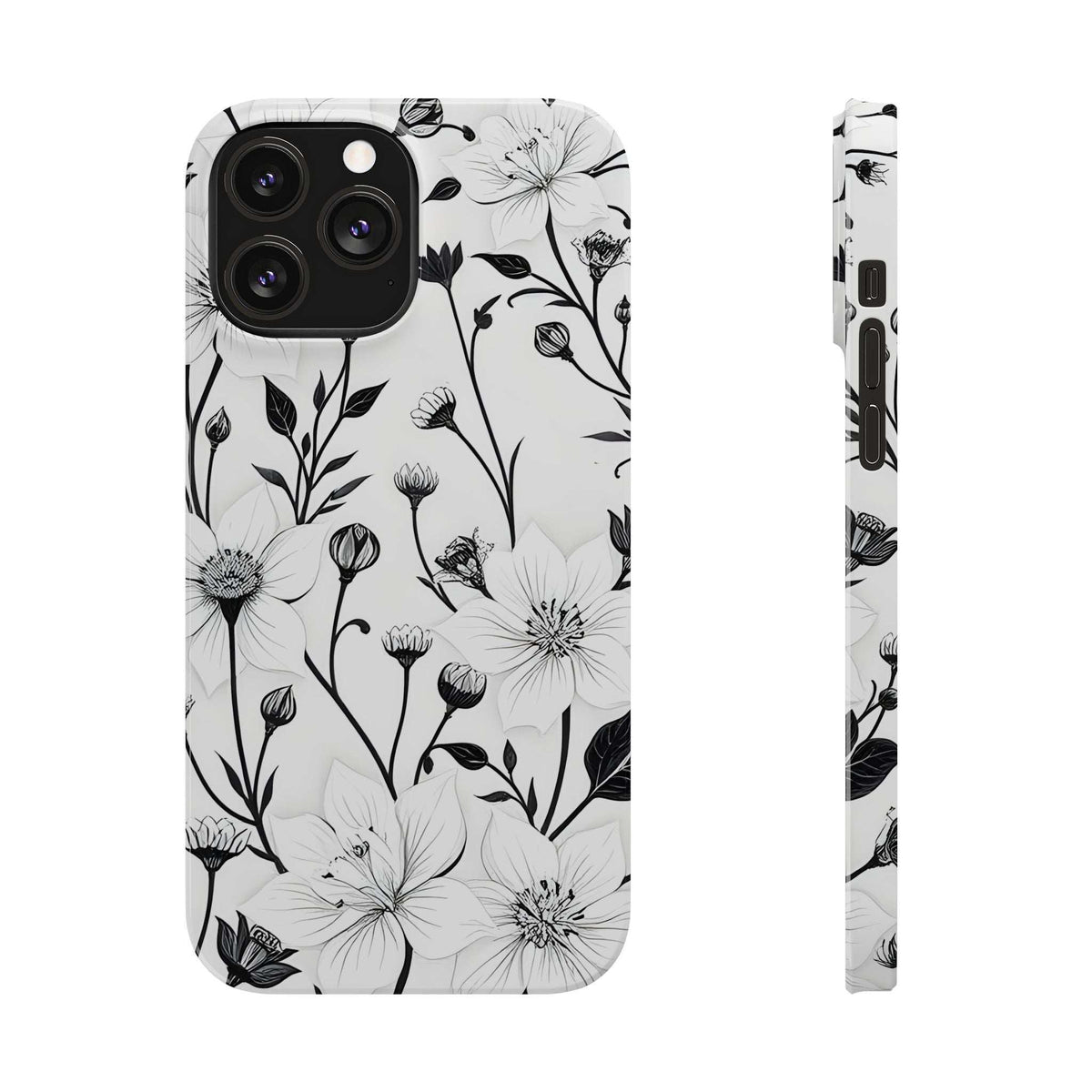 Phone case back with monochrome white flowers and stems, side profile view