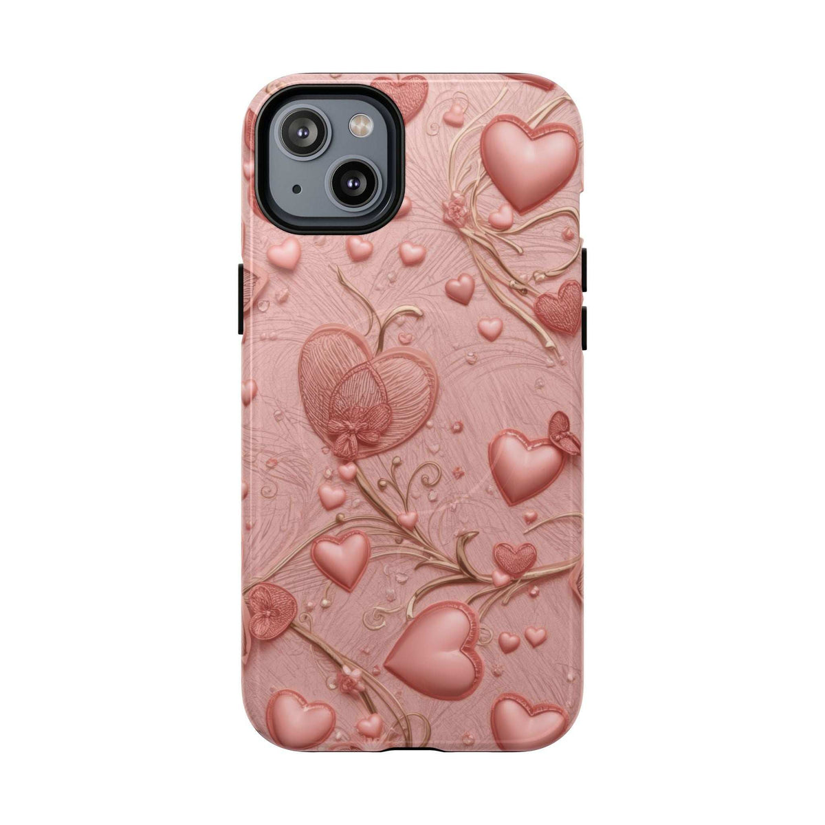 Pink phone case for iPhone with raised hearts and flowers; dual-lens camera opening