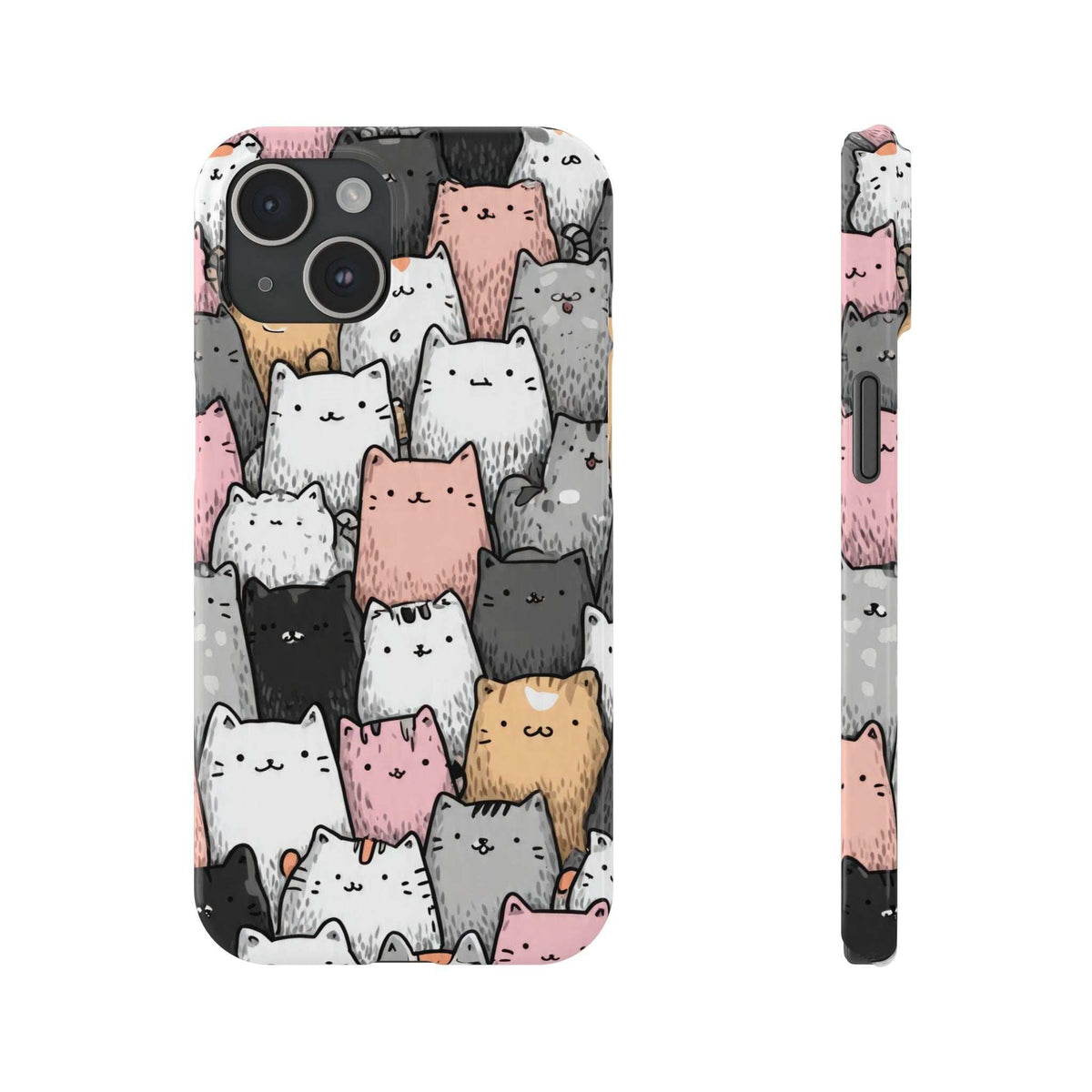 Cat phone case showing front and side profile; cute cat faces with pink and gray accents.