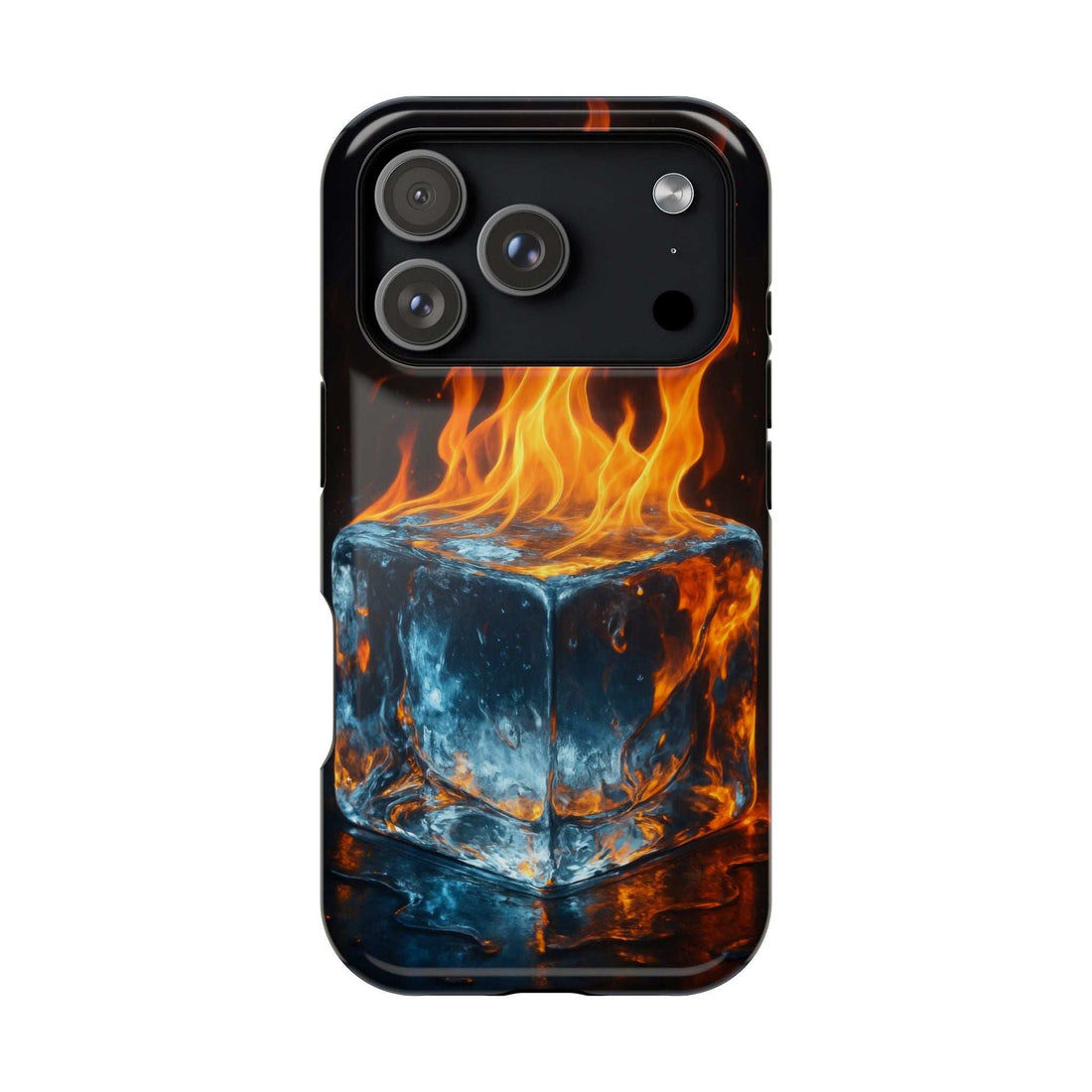 Phone case with glossy black flame-and-ice cube design, multiple camera cutouts on back.