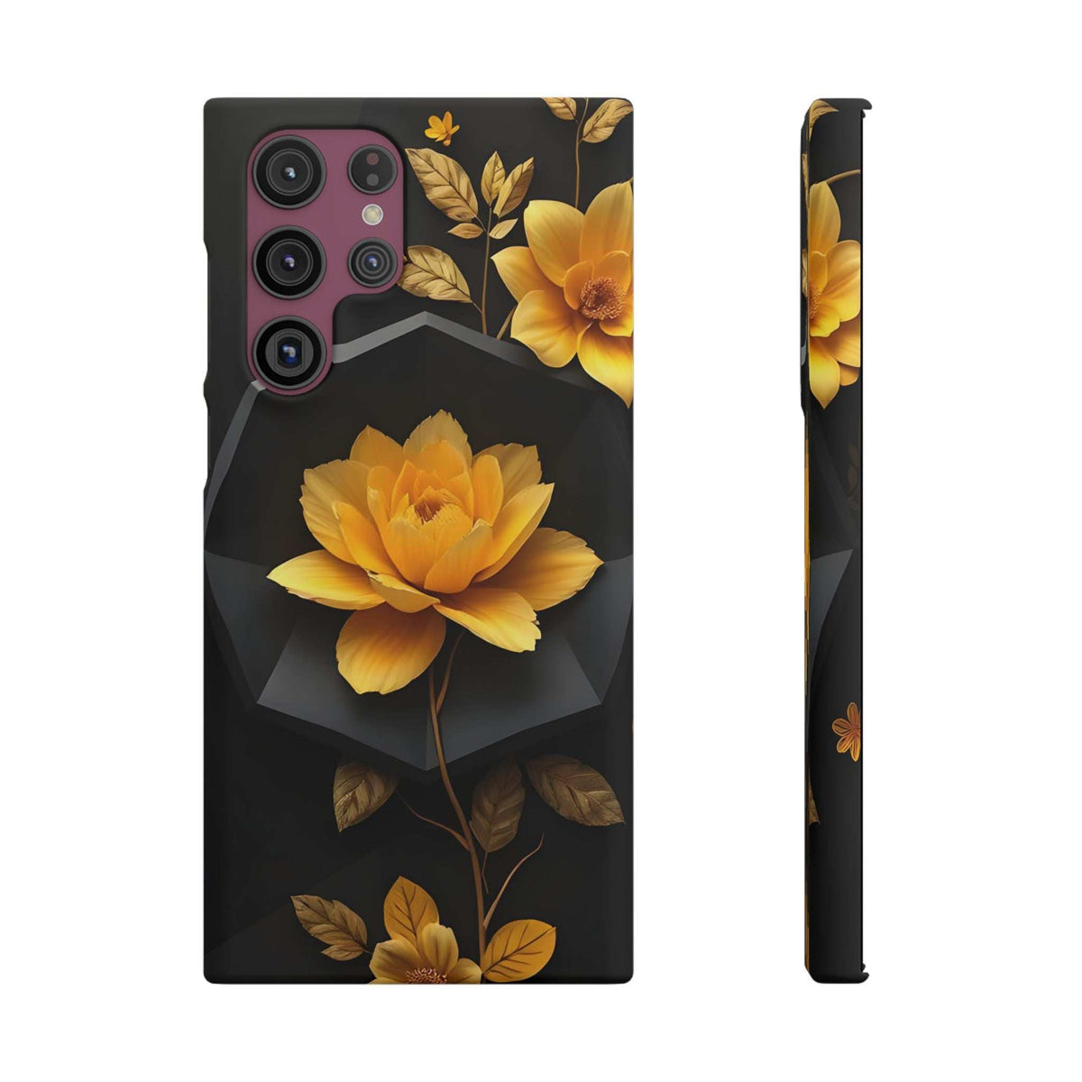 Black phone case with yellow peony, leaves, and geometric shapes; camera openings