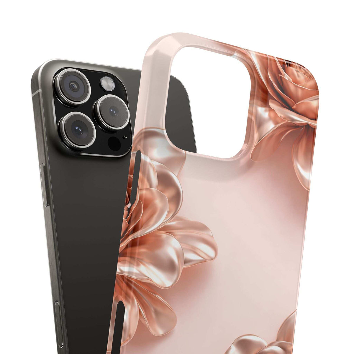 Blush metallic rose flower phone case with glossy frame and camera cutout